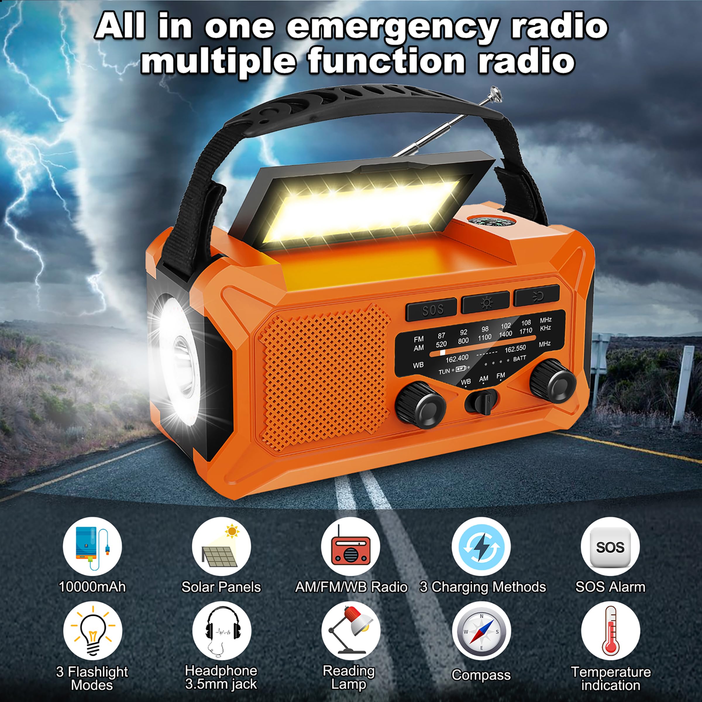 10000mAh Solar Emergency Weather Radio - Portable AM/FM/NOAA Radio with Hand Crank, LED Flashlight, Reading Lamp, Compass & Phone Charger - Perfect for Outdoor Camping, Hiking & Emergency Preparedness