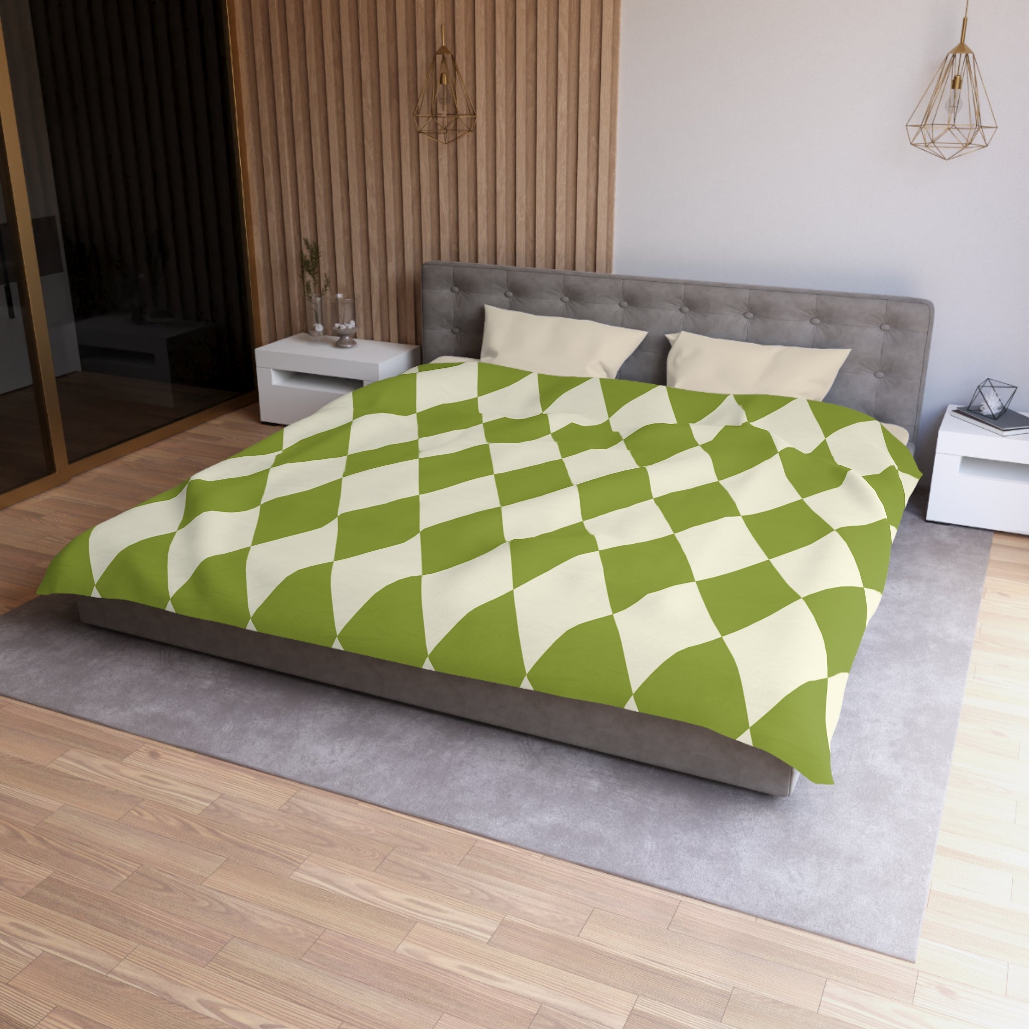 Harlequin Microfiber Duvet Cover Set - Green & Off White Diamond Pattern Bedding - Soft Queen/King Size Duvet Cover for Cozy Bedroom Decor