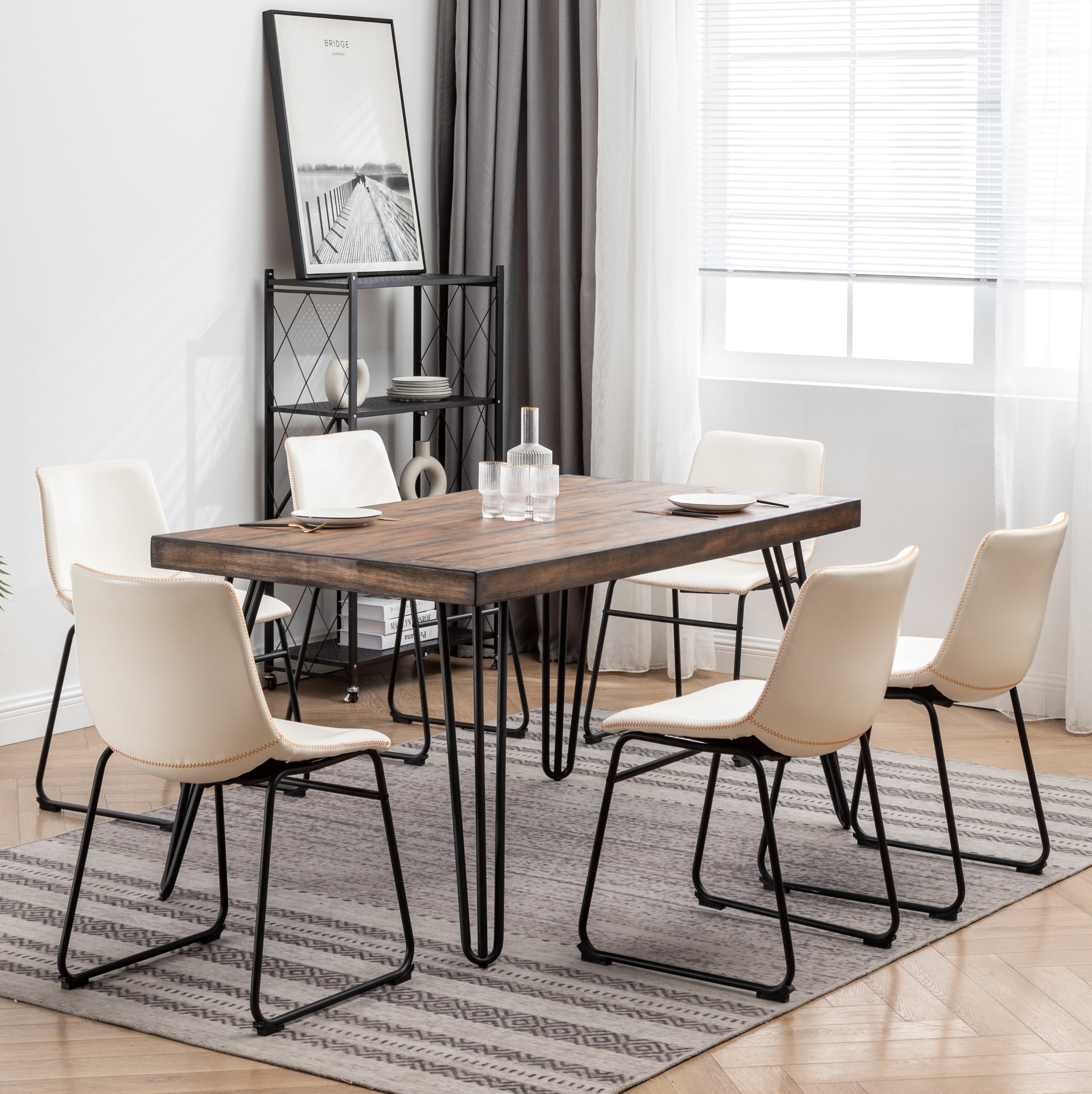 Roundhill Furniture Aryven 7-Piece Industrial Dining Set - Rustic Dark Pine Table & 6 Faux Leather Chairs for Kitchen, Dining Room & Restaurant Decor