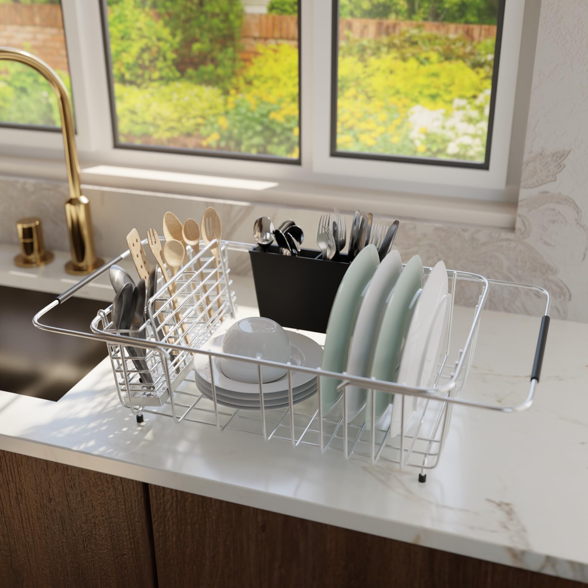 KESOL Expandable Over The Sink Dish Drying Rack - 304 Stainless Steel Kitchen Sink Organizer with 2 Utensil Holders (Plastic & Steel), Anti-Scratch Base & Rustproof Design - Perfect for Small Kitchens, Apartment Living & Space-Saving Dish Drainage