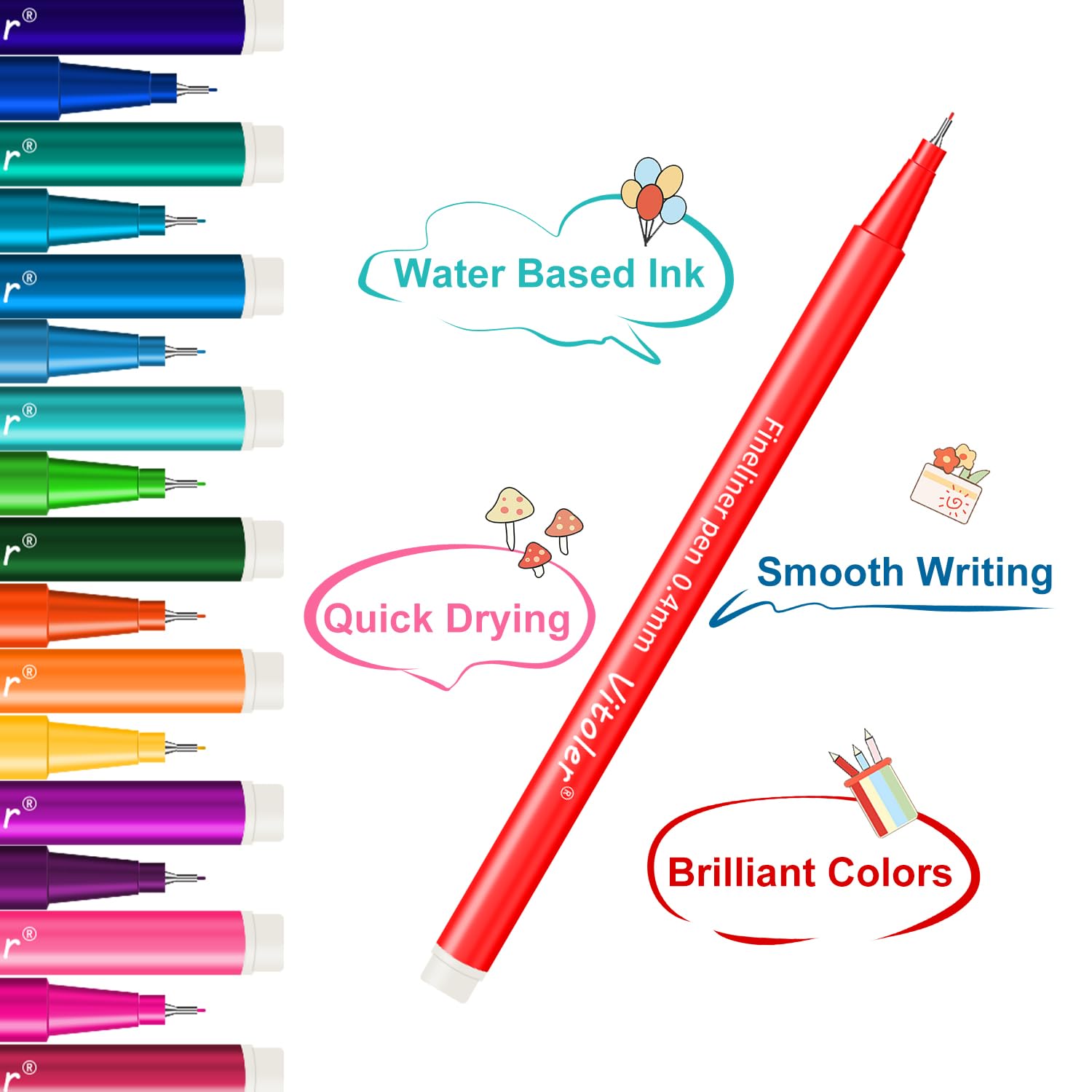 Vitoler 24-Pack 0.4mm Fine Tip Colored Pens for Journaling, Drawing & Planning - Vibrant Ink Pens for Adults & Kids - Perfect for School, Art Projects, Bullet Journals & Creative Writing