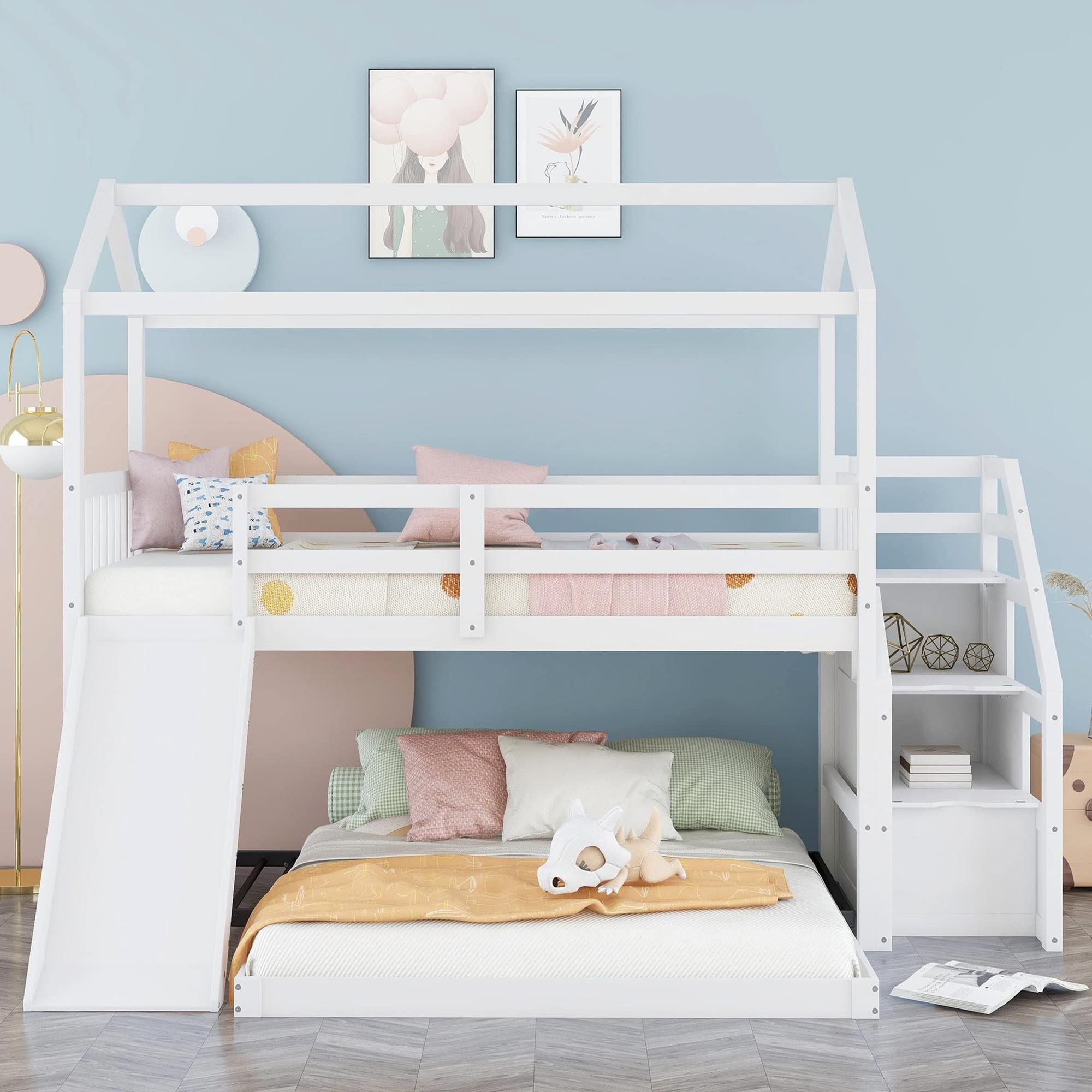 LZ LEISURE ZONE Twin Over Full Bunk Bed with Slide & Storage Stairs - Convertible Wooden House Bunk Bed Frame for Kids, Teens & Adults - Safe Full-Length Guardrail - Perfect for Small Bedrooms, Guest Rooms & Vacation Homes (White)