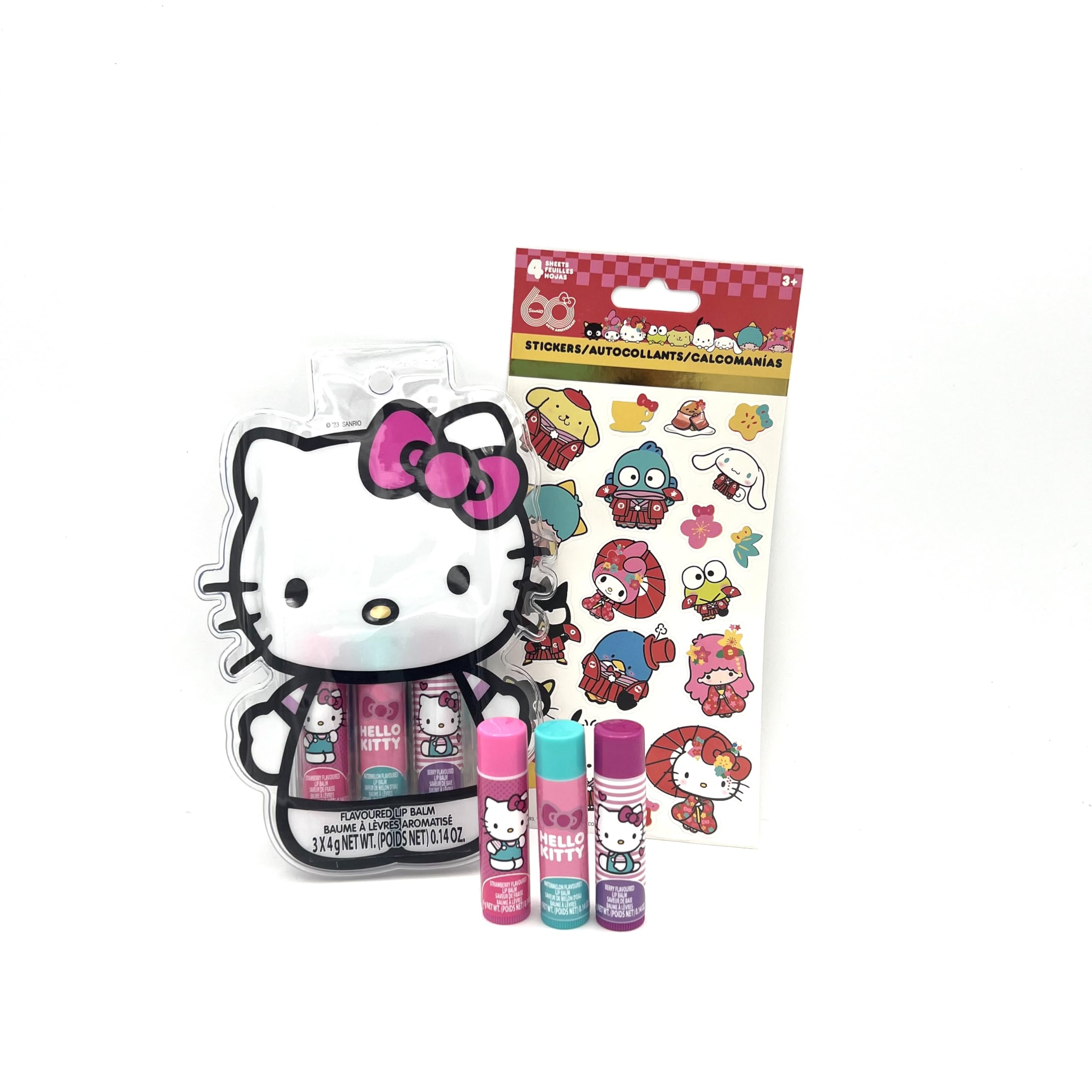 Hello Kitty Lip Balm 3-Pack Set with 4 Sticker Sheets - Strawberry, Watermelon & Berry Flavored Moisturizing Lip Balm for Kids - Includes Travel Case - Perfect for School, Travel & Daily Lip Care