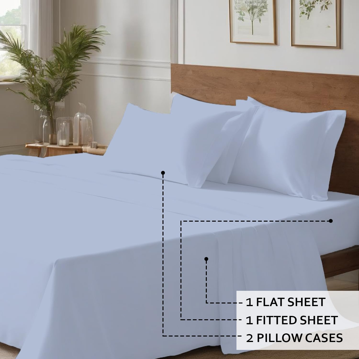 Premium 100% Egyptian Cotton King Sheet Set - 4 Piece Sky Blue Cooling Bed Sheets with 17
