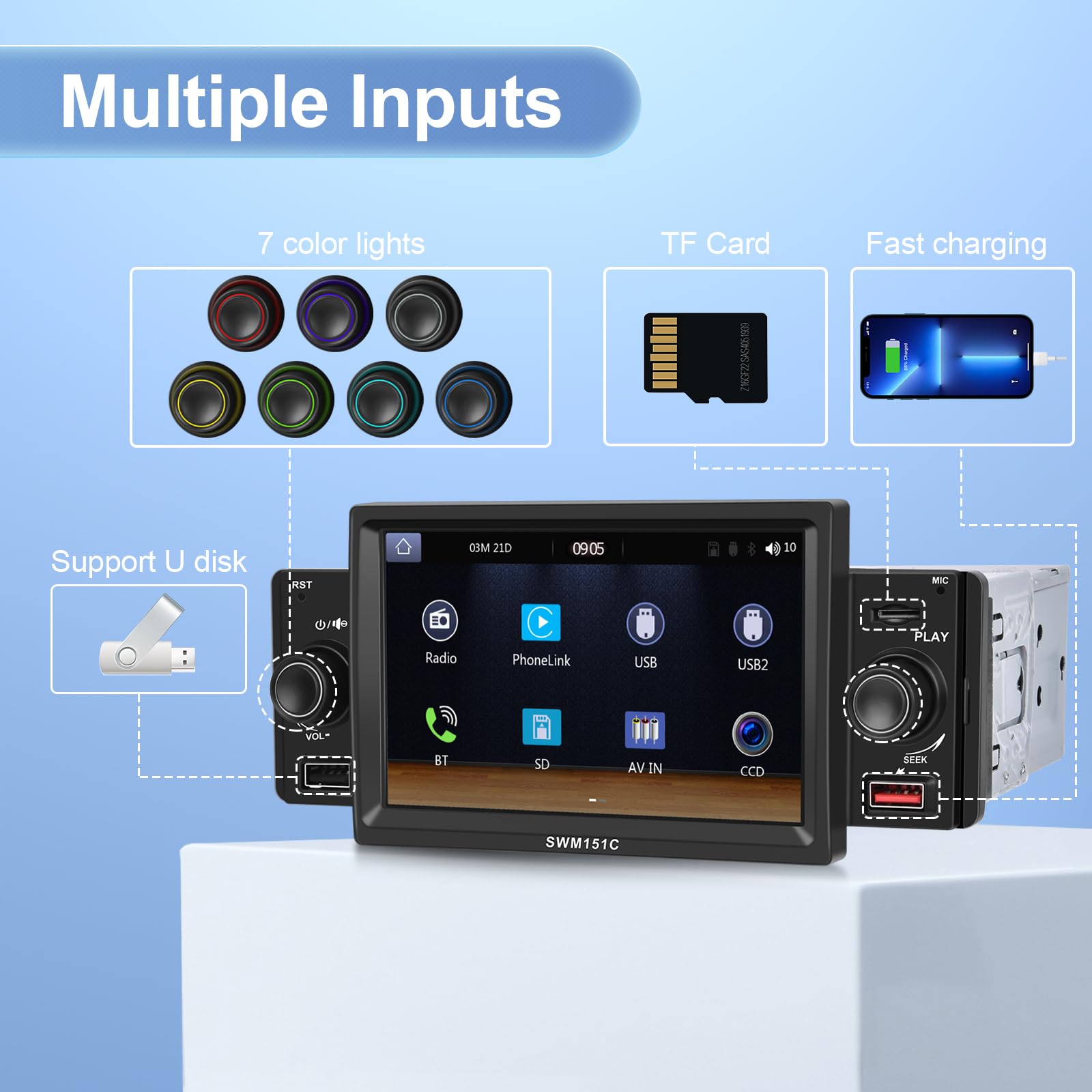 PODOF Single Din Car Stereo with 5