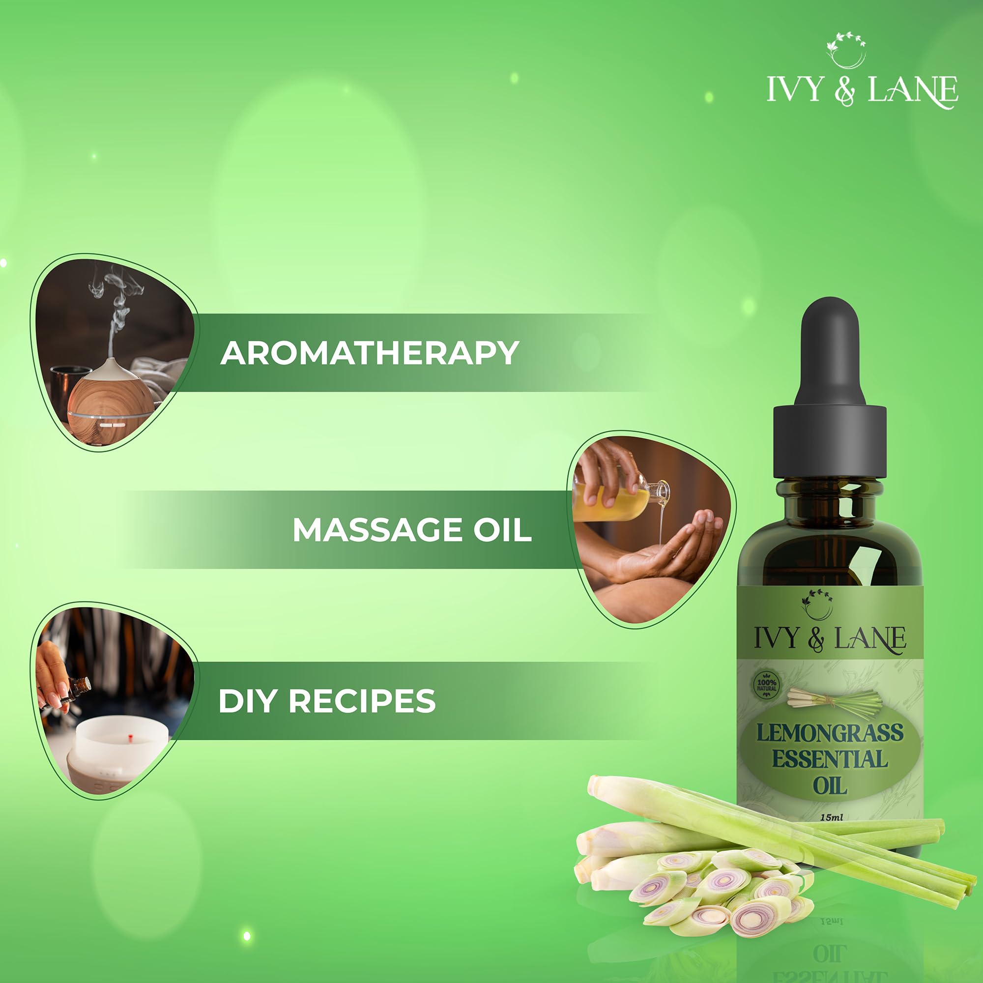 **Ivy & Lane 100% Pure Organic Lemongrass Essential Oil - Undiluted, Therapeutic Grade for Stress Relief, Headache Relief & Natural Insect Repellent - 15ml with Dropper - Perfect for Aromatherapy, Massage & DIY Skincare**