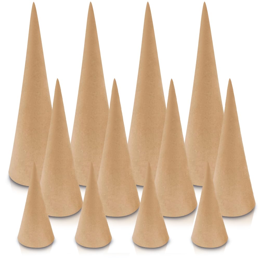 12 Pack Paper Mache Craft Cones - Open Bottom Cardboard Cones for DIY Gnomes, Ornaments, Christmas Trees - Fall, Halloween & Holiday Decorations - 3 Sizes (13.75x5, 10.63x4, 7x3 inches) - Perfect for Home Decor, Party Crafts & Seasonal DIY Projects