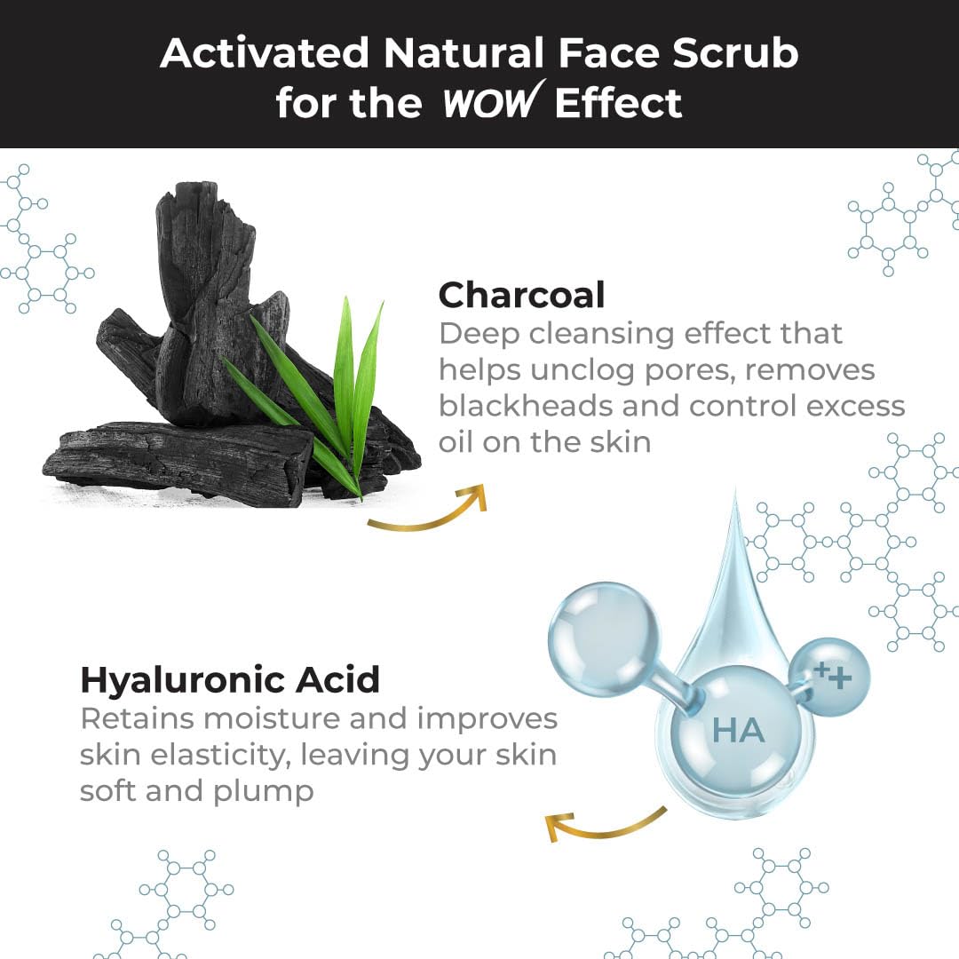 WOW Skin Science Charcoal & Hyaluronic Acid Face Scrub - Deep Cleansing & Hydrating Detox Treatment for Oily & Acne-Prone Skin | Unclogs Pores, Removes Blackheads & Controls Oil | Improves Skin Elasticity | 100g | Perfect for Daily Skincare Routine & Pre-Makeup Prep