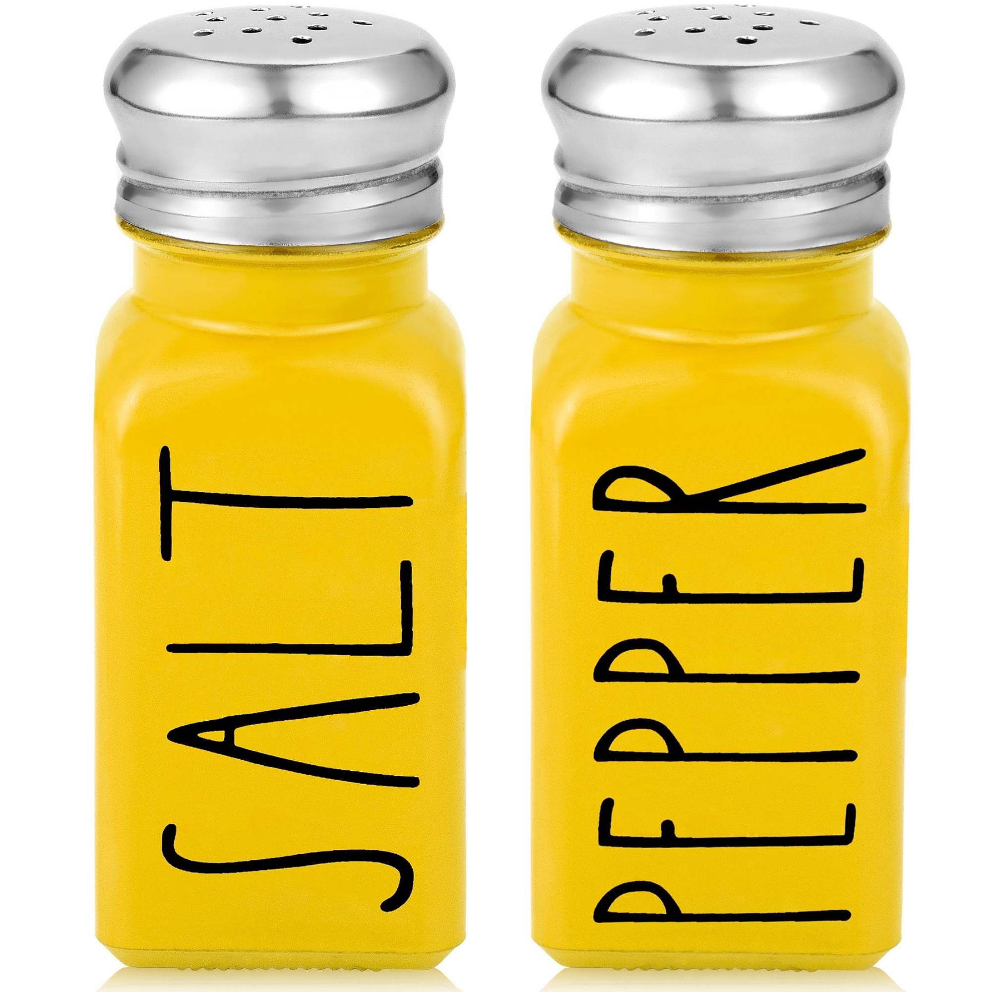 Brighter Barns Yellow Salt and Pepper Shakers Set - Glass Farmhouse Kitchen Decor with Stainless Steel Lids - Perfect for Home, Restaurants & Wedding Gifts - Cute Tabletop Accessories for Dining, Cooking and Entertaining