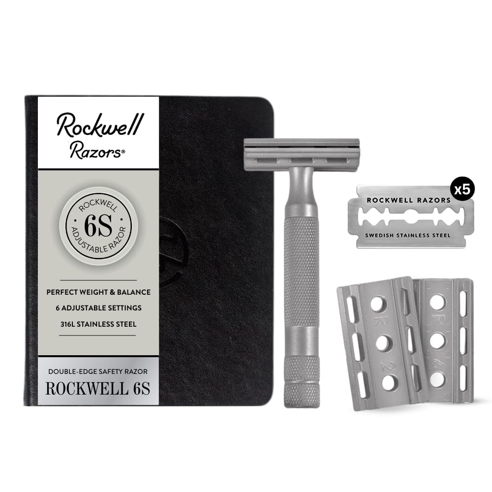 Rockwell 6S Adjustable Safety Razor - Matte Silver Double Edge Razor with 6 Shaving Settings & 5 Recyclable Blades - Premium Men's & Women's Wet Shaving Kit for Sensitive Skin & Close Shave at Home or Travel
