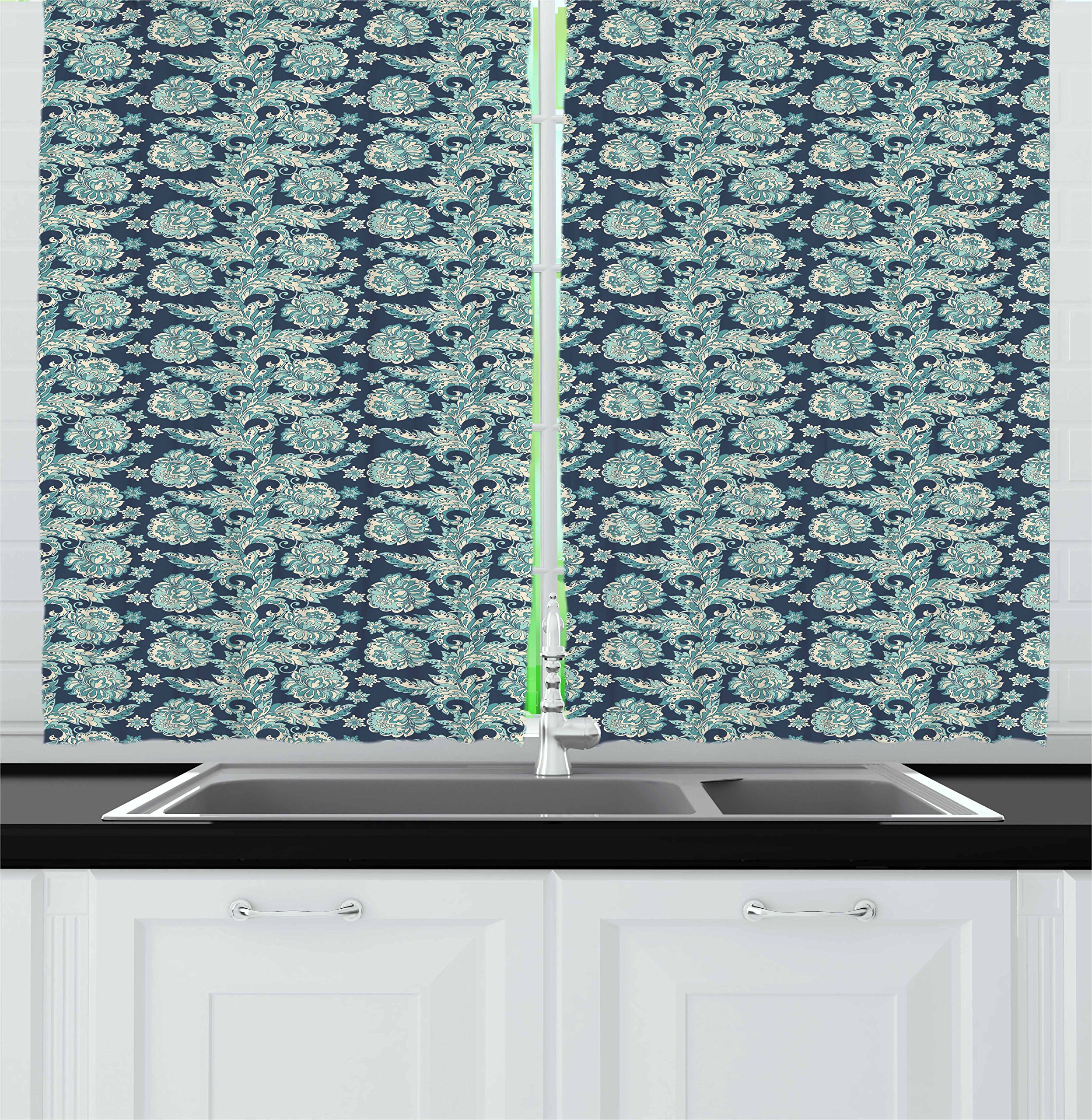 Ambesonne Ethnic Kitchen Curtains Set of 2 Panels - Blossoming Flowers Oriental Folklore Design, Dark Teal Pale Blue Ivory, 55