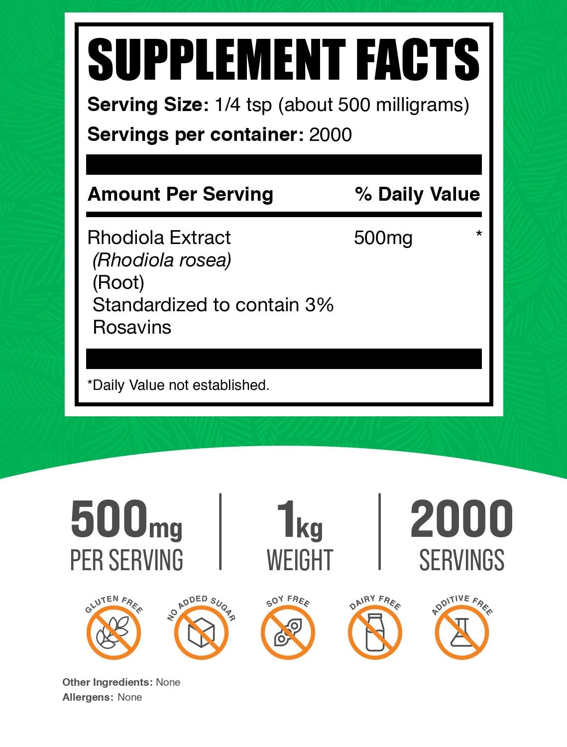 BulkSupplements Rhodiola Rosea Extract Powder 3% Rosavin - 500mg per Serving, 1kg (2.2 lbs) - Vegan, Gluten Free, Non-GMO Rhodiola Root Supplement - Supports Stress Relief, Energy & Focus - Perfect for Smoothies, Teas & Wellness Routines