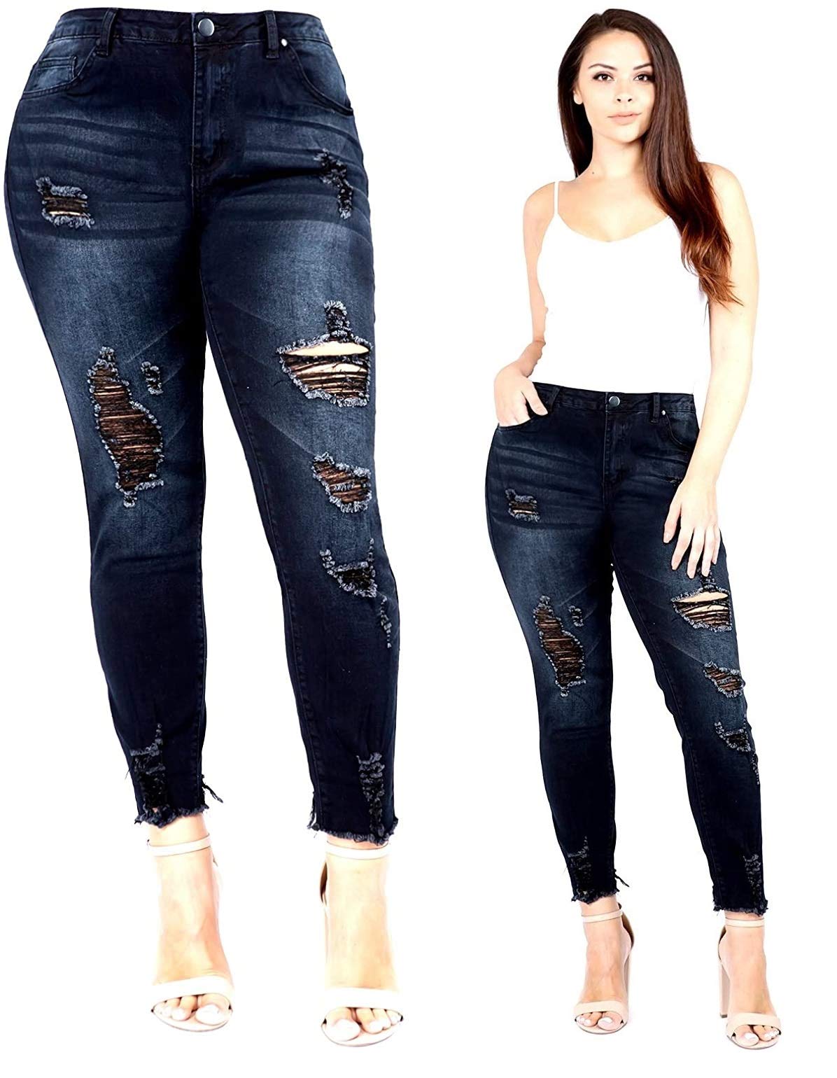 Jack David 1826 Women's Plus Size Stretch Ripped Skinny Jeans - Comfortable High Waist Distressed Denim Pants for Casual Wear & Everyday Outfits