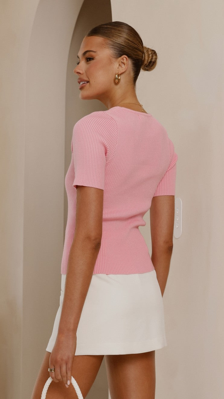 Laylin Ribbed Top for Women - Soft Stretch Pink Knit Shirt, Casual & Comfortable T-Shirt for Everyday Wear, Workout, and Layering
