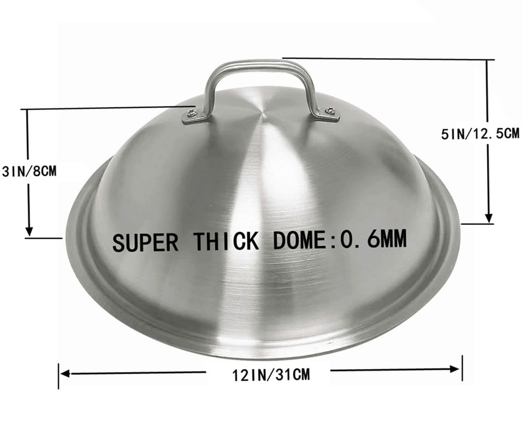 Heavy Duty 12 Inch Round Stainless Steel Griddle Accessories - Basting Cover, Cheese Melting Dome & Steaming Lid for Flat Top Grills - 0.6mm Thickness - Perfect for Indoor/Outdoor BBQ, Burgers, Pancakes & Breakfast Cooking