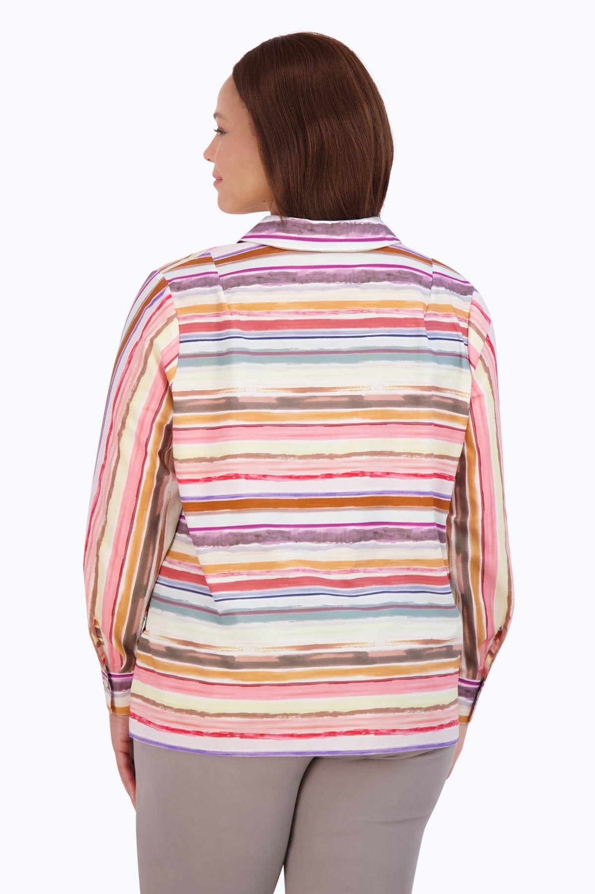 Sophia Plus Women's Watercolor Stripe Long Sleeve Popover Shirt - Casual Button Down Blouse for Work, Date Night & Spring Outfits