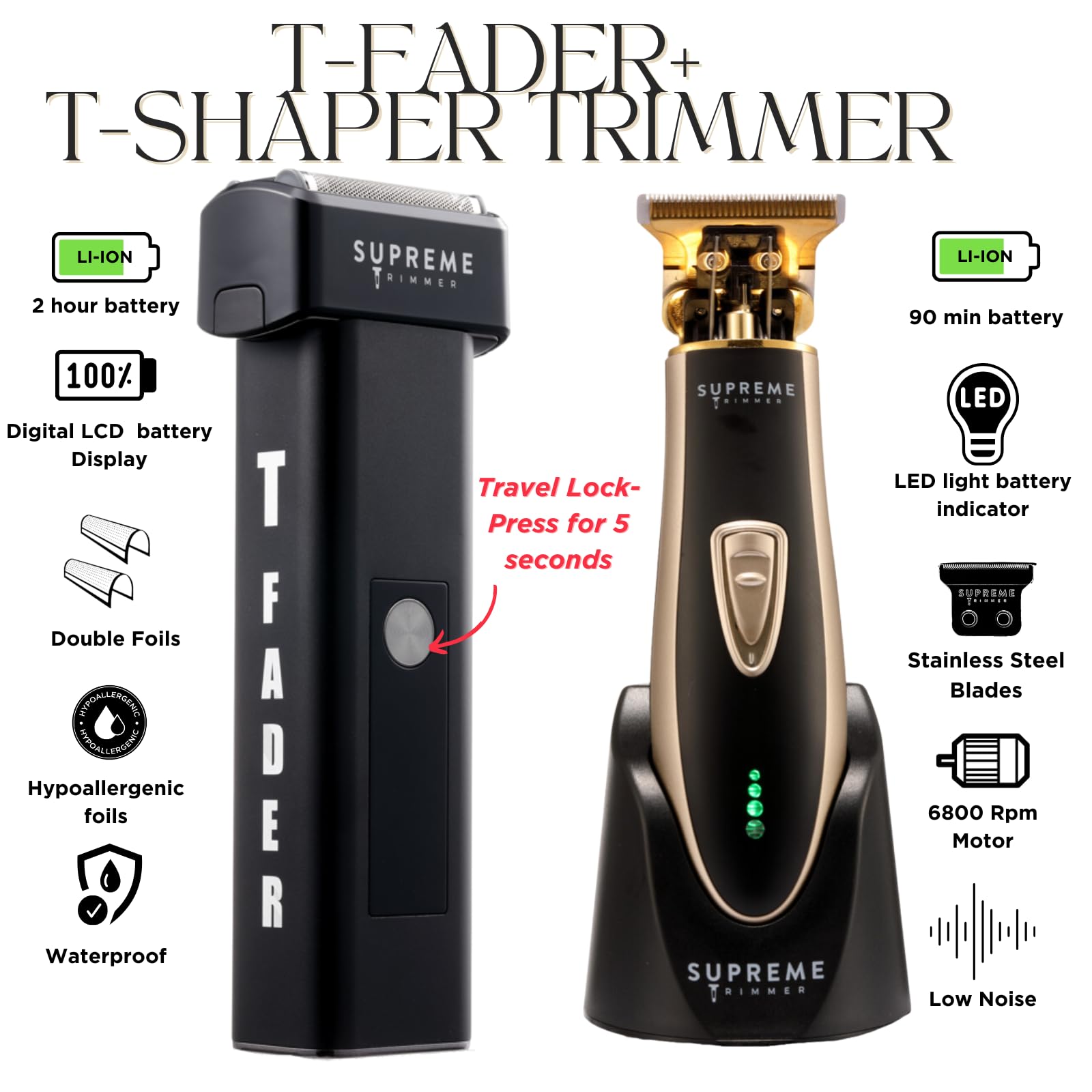 Supreme Trimmer 2-in-1 T-Fader Foil Shaver & T-Shaper Trimmer Set | ST5210 Beard Trimmer & STF501 Electric Razor | Gold | Perfect for Men's Grooming, Travel & Home Use