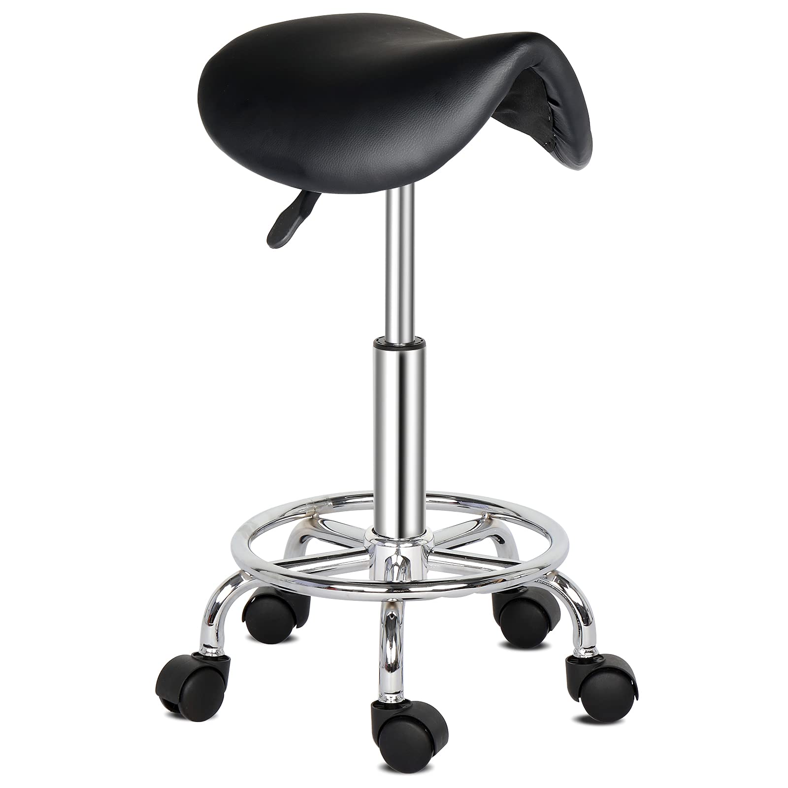 **Winado Adjustable Height Bar Stool - 360° Swivel Rolling Saddle Stool with PU Leather & Casters Wheels for Kitchen, Dining, Bistro, Salon, Spa - Modern Armless Bar Chair (Black)**    **Usage Scenarios:** Perfect for home kitchens, dining rooms, cafes, bars, salons, spas, and office break rooms.