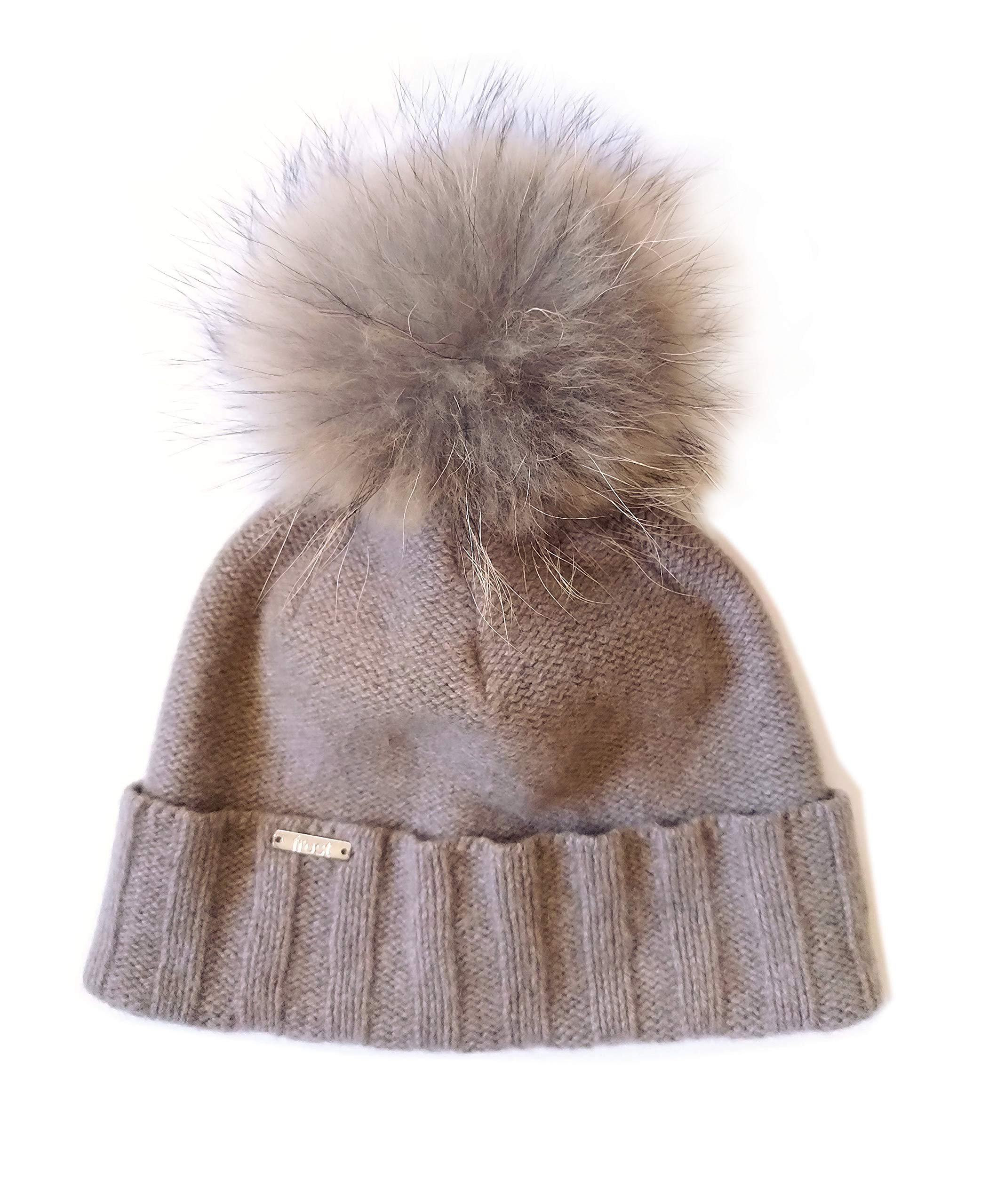 Stylish Women's Cashmere Beanie with Detachable Raccoon Fur Pom - Winter Warm Knit Hat for Cold Weather - Perfect for Skiing, Snowboarding & Outdoor Activities