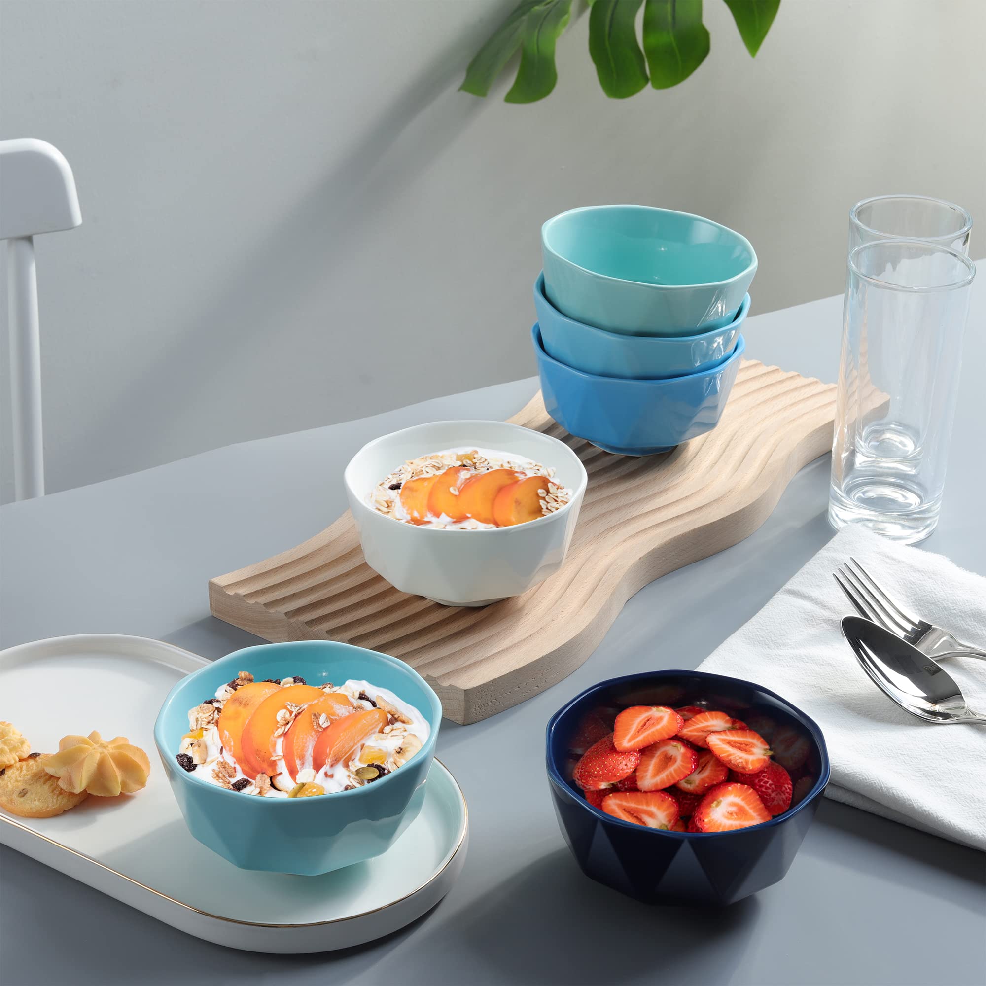 Fanquare 12oz Blue and White Rice Bowls Set of 6, Porcelain Cereal Bowls - Microwave Safe Soup Bowls for Ramen, Noodles, Salad & Desserts - Perfect for Home, Restaurant & Meal Prep