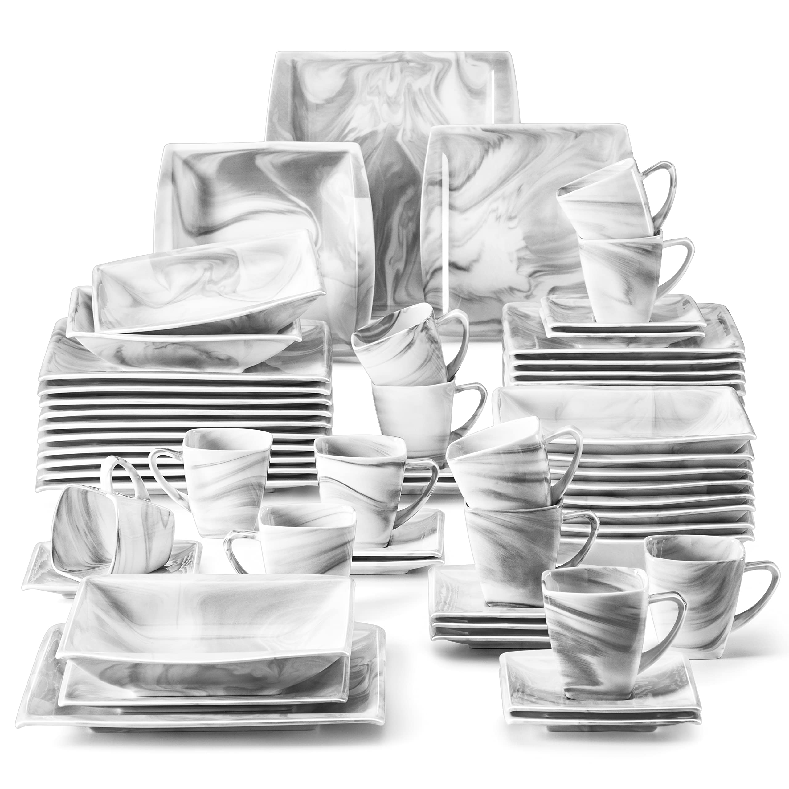 MALACASA 60-Piece Porcelain Dinnerware Set for 12 - Square Marble Plates, Bowls, Cups & Saucers - Modern White Dishware Set for Formal Dining, Restaurant, Wedding & Home Decor