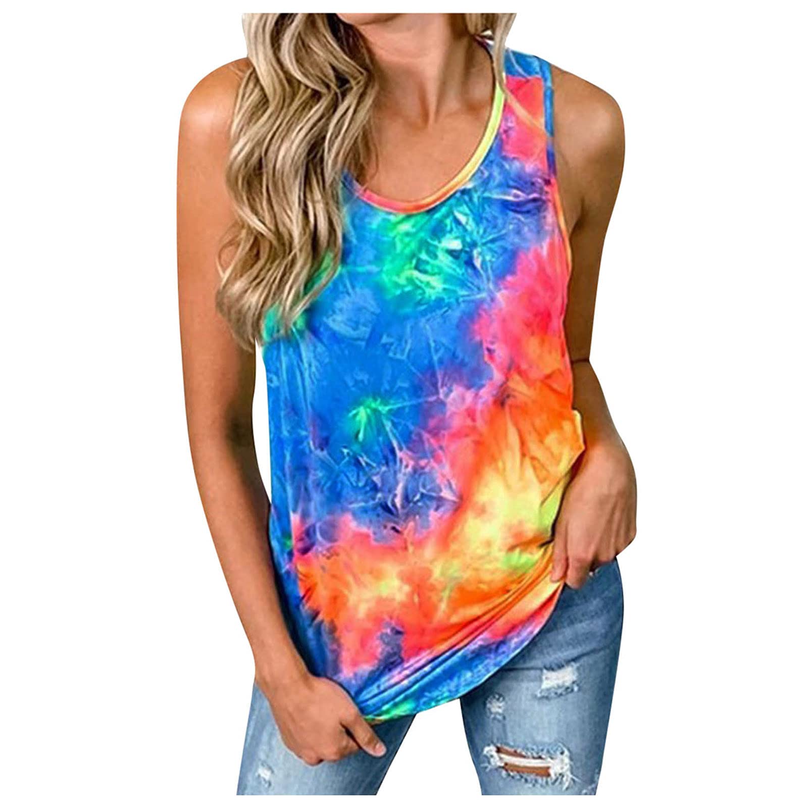 Women's Tie-Dye Printed Sleeveless T-Shirt - Loose Fit Summer Fashion Top with O-Neck - Casual Wear, Beach Outfits & Vacation Essentials