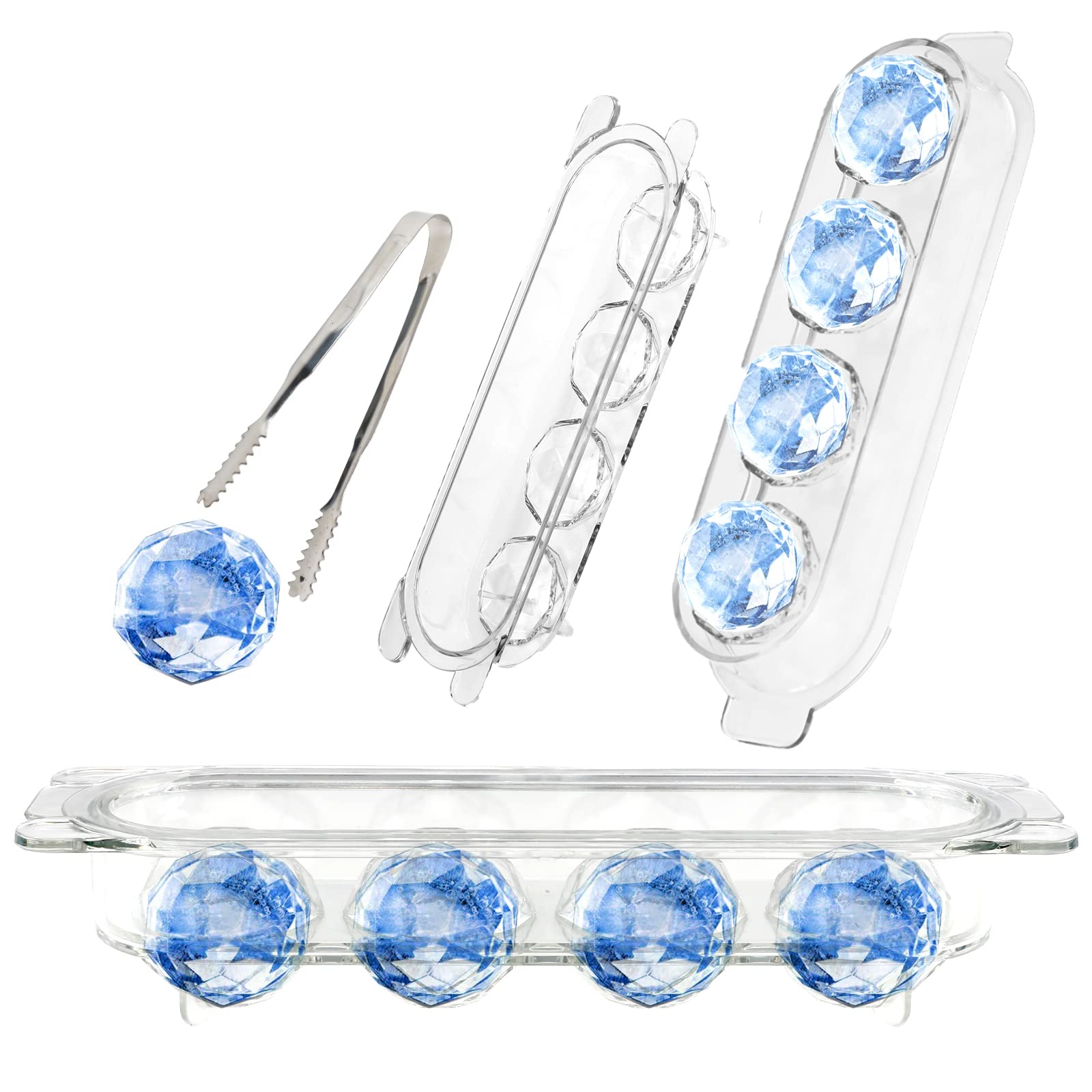 2 Pcs Round Ice Cube Molds with Tongs & Lids - Diamond Ball Ice Cube Freezer Tray for Cocktail & Whiskey - Perfect for Home Bars, Parties, and Chilled Beverages
