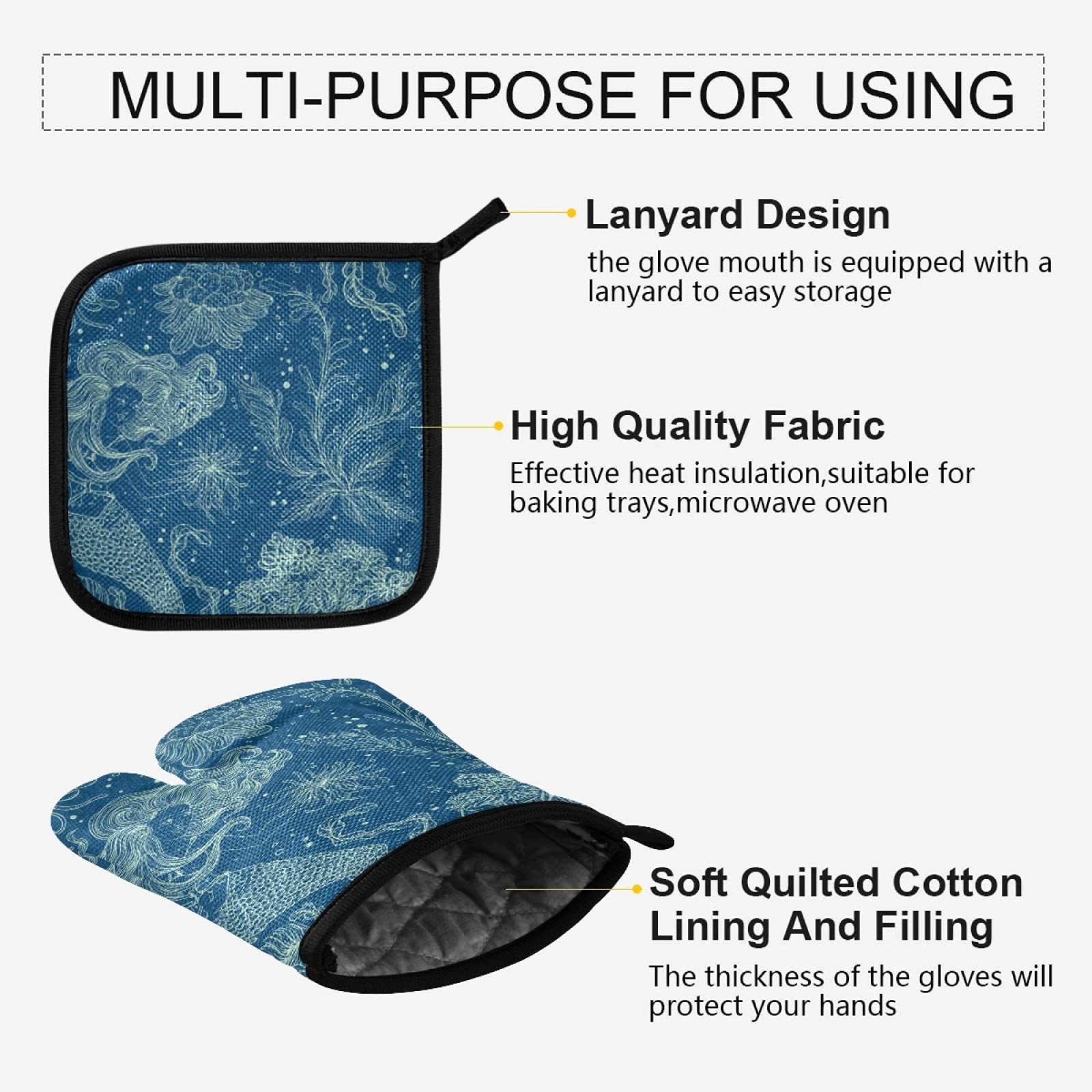 QUGRL Retro Mermaid Coral Oven Mitts & Pot Holders Set - Heat Resistant Kitchen Gloves for Baking, Cooking & BBQ - Underwater Theme Hot Pads for Safe Cookware Handling - Perfect for Beach House Kitchens & Mermaid-Themed Parties