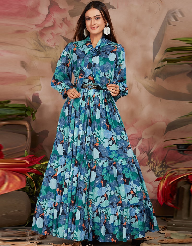 Elegant Blue Designer Anarkali Kurti for Women - Traditional Indian Long Tunic Top - Perfect for Festivals, Weddings & Special Occasions