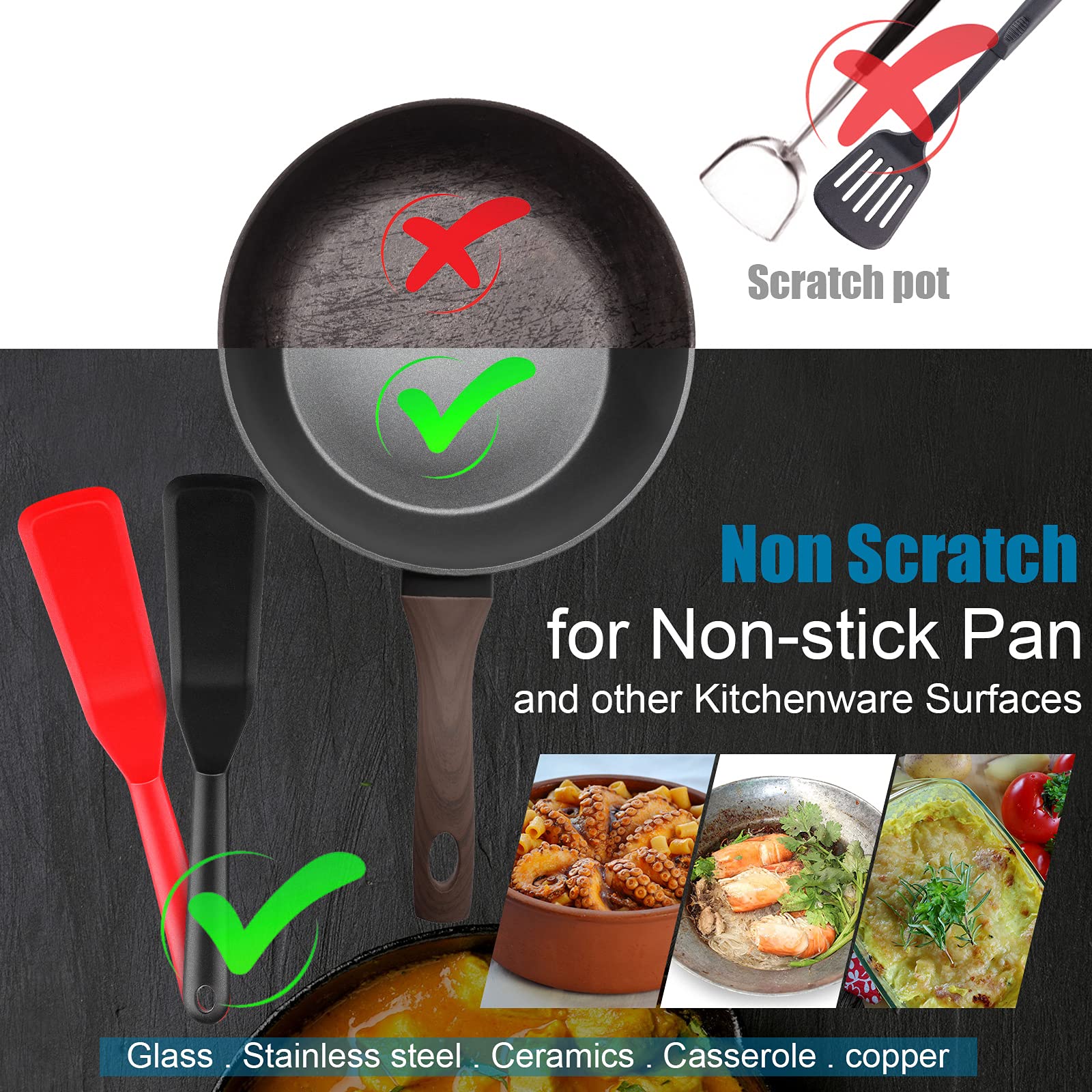 Zopeal 2-Pack Long Heat-Resistant Silicone Spatula Set - Non-Stick Narrow Crepe Flipper for Pancakes, Omelets, Burgers, Pizza & Steak - Perfect for Kitchen, Camping & Outdoor Cooking (Red & Black)