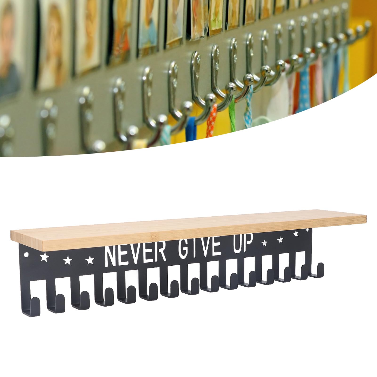 Metal Award Display Trophy Shelf with 20 Hooks - Wall Mounted Wooden Medal Holder for Sports Awards, Office Recognition & Home Decor