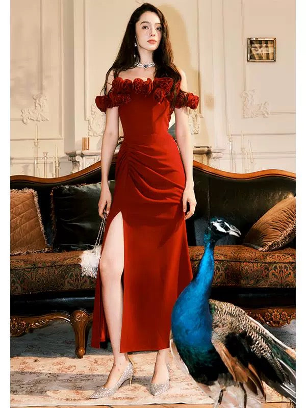 Elegant Off-The-Shoulder 3D Floral Red Evening Dress with High Slit - Perfect for Prom, Cocktail Parties & Date Nights - Style J6537