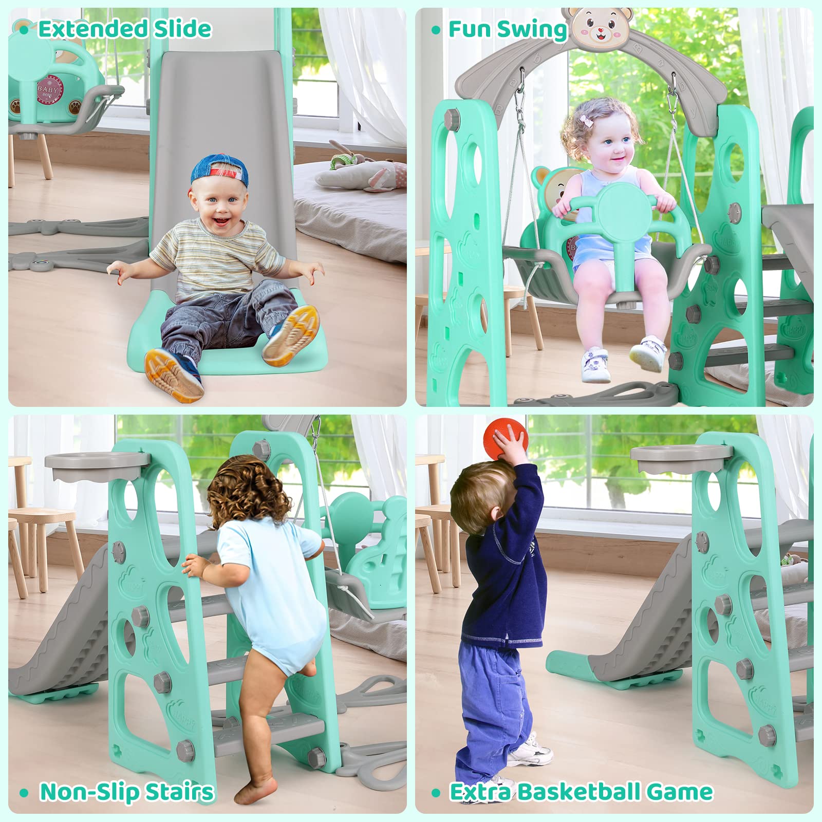 Arlopu 4-in-1 Toddler Slide and Swing Set with Basketball Hoop & Extra Long Slide - Indoor/Outdoor Kids Play Climber Playset for Ages 3+ | Perfect for Backyard, Playroom & Preschool Playground (Cool Summer Design)