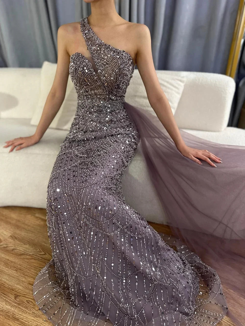 Elegant Dubai Purple One Shoulder Saudi Arabic Evening Gown with Beaded Side Overskirt - Formal Dress for Weddings, Galas & Special Occasions - LA72735