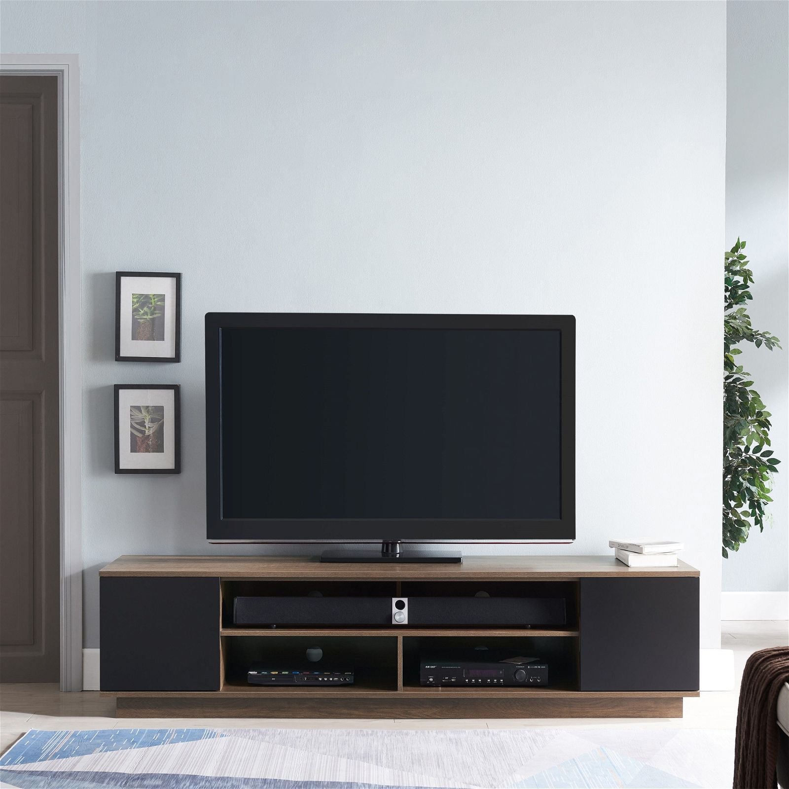 DELUX 200cm TV Stand with Storage, Dark Oak & Black Modern Entertainment Center by Tauris™ - Perfect for Living Room, Home Theater & Gaming Setup