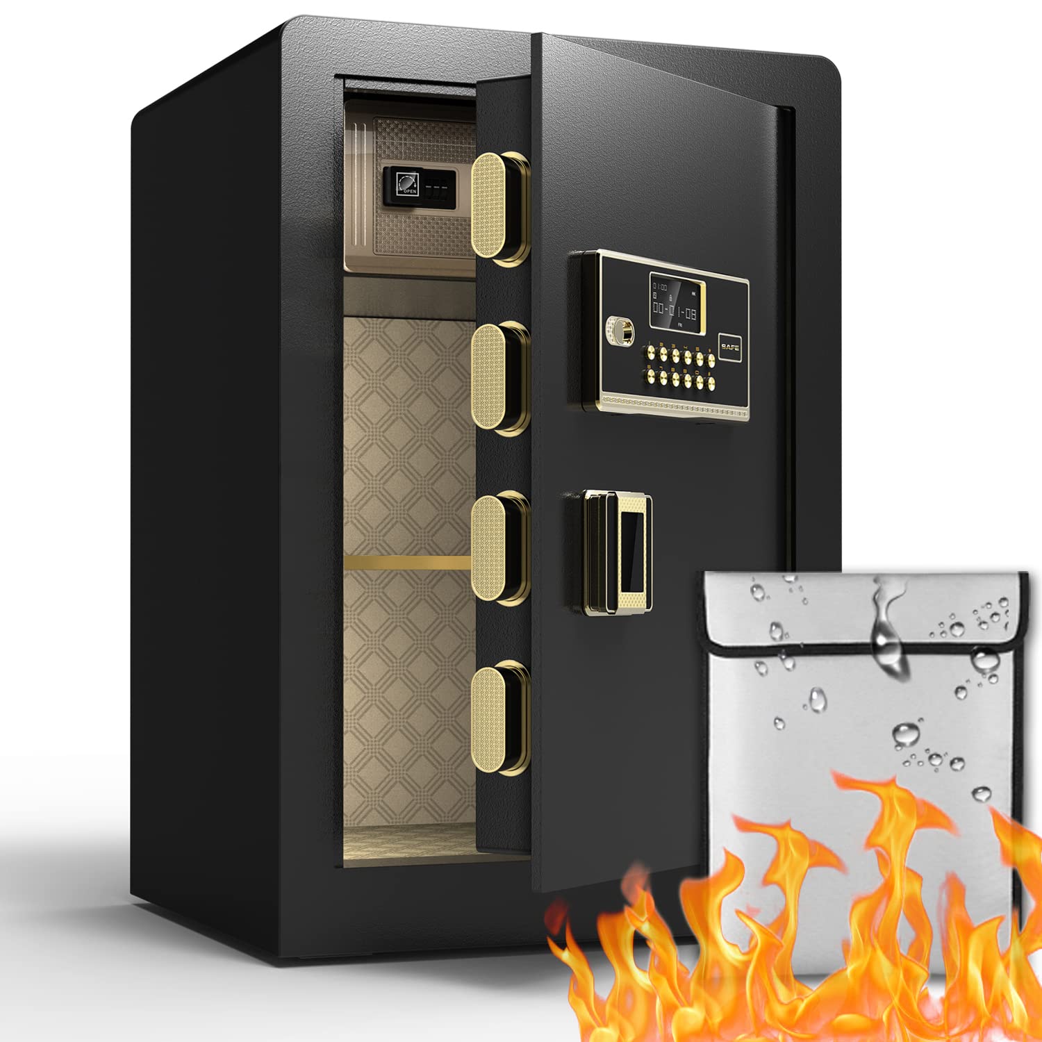 Fireproof and Waterproof Safe Box - 3.4 Cubic Feet Home Security Safe with Digital Keypad, Fireproof Bag for Money, Jewelry & Documents - Ideal for Office, Hotel, Business & Gun Storage