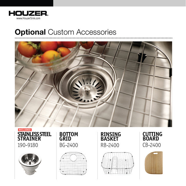Houzer Medallion Series 24-Inch Stainless Steel Undermount Single Bowl Kitchen Sink with Basket Strainer - Perfect for Modern Kitchens, Restaurants & Food Prep Areas