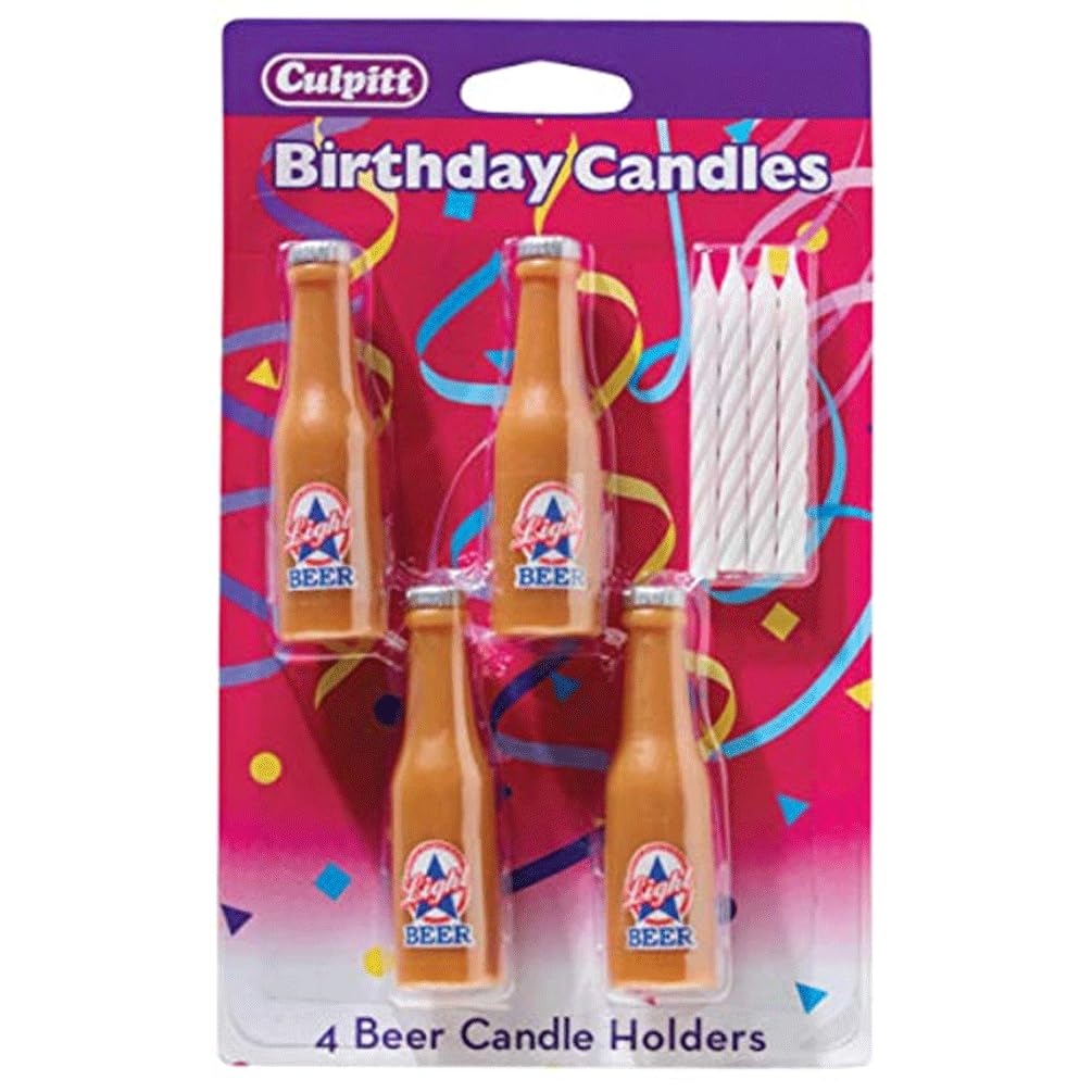Light Beer Birthday Candles Holders with Candles - Set of 4 - Party Decorations for Beer Lovers - Perfect for Birthday Cakes, Cupcakes, and Beer-Themed Celebrations