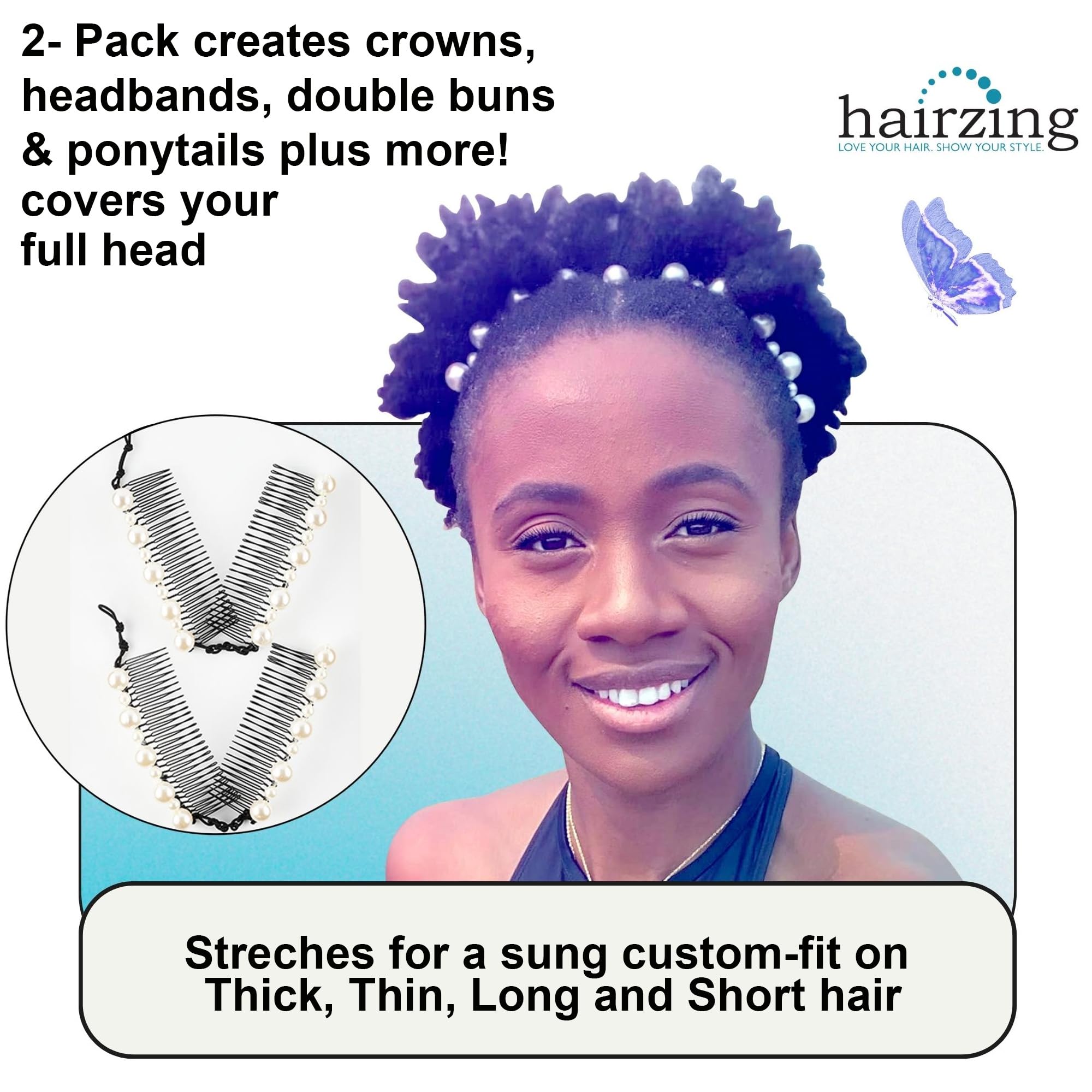 HairZing Banana Hair Clips - 2 Pack White Pearl Hair Accessories for Women | All Day Hold for Thick, Thin & Curly Hair | Comfortable Hair Styling Clips for Ponytails, Buns & Everyday Wear