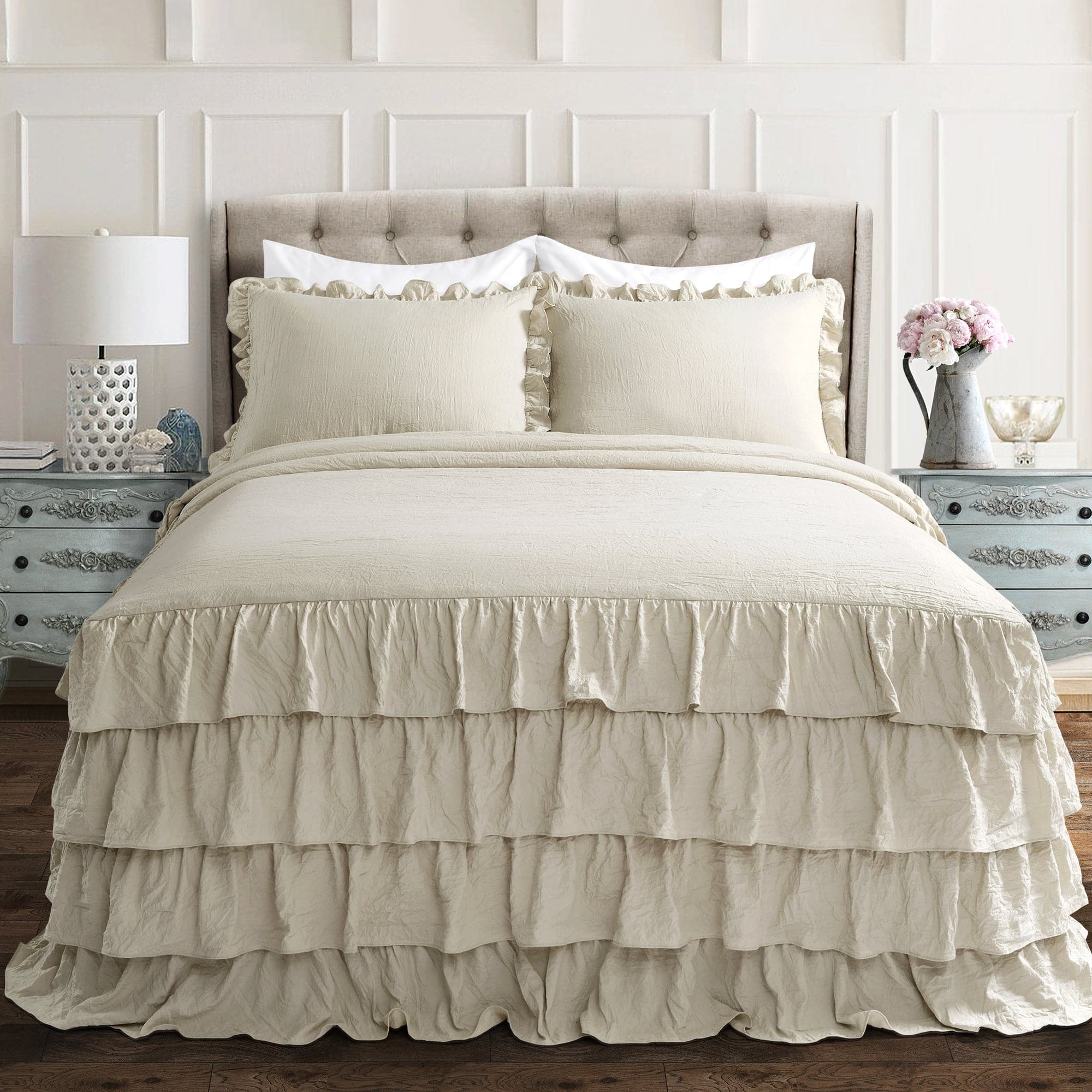 Allison Ruffle Skirt Bedspread Set - Elegant Floral Printed Queen Size Bedding with Ruffled Skirt | Perfect for Master Bedroom, Guest Room & Vacation Home Decor