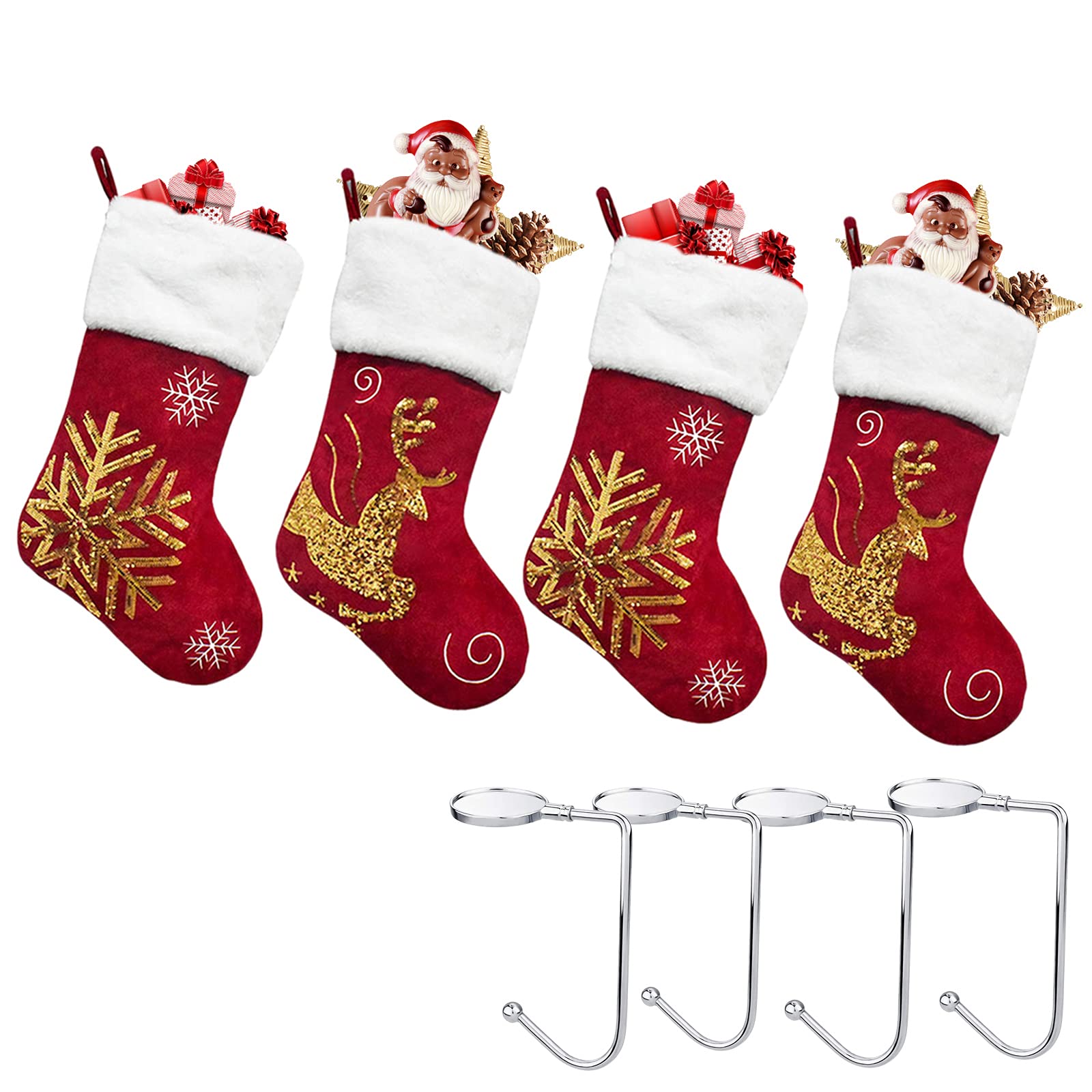4-Pack Gold Sequins Burgundy Red Velvet Christmas Stockings Set with Snowflake Reindeer Holders - 18 Inch Holiday Decor for Fireplace Mantel, Xmas Tree, Gift Bags & Festive Home Decorations