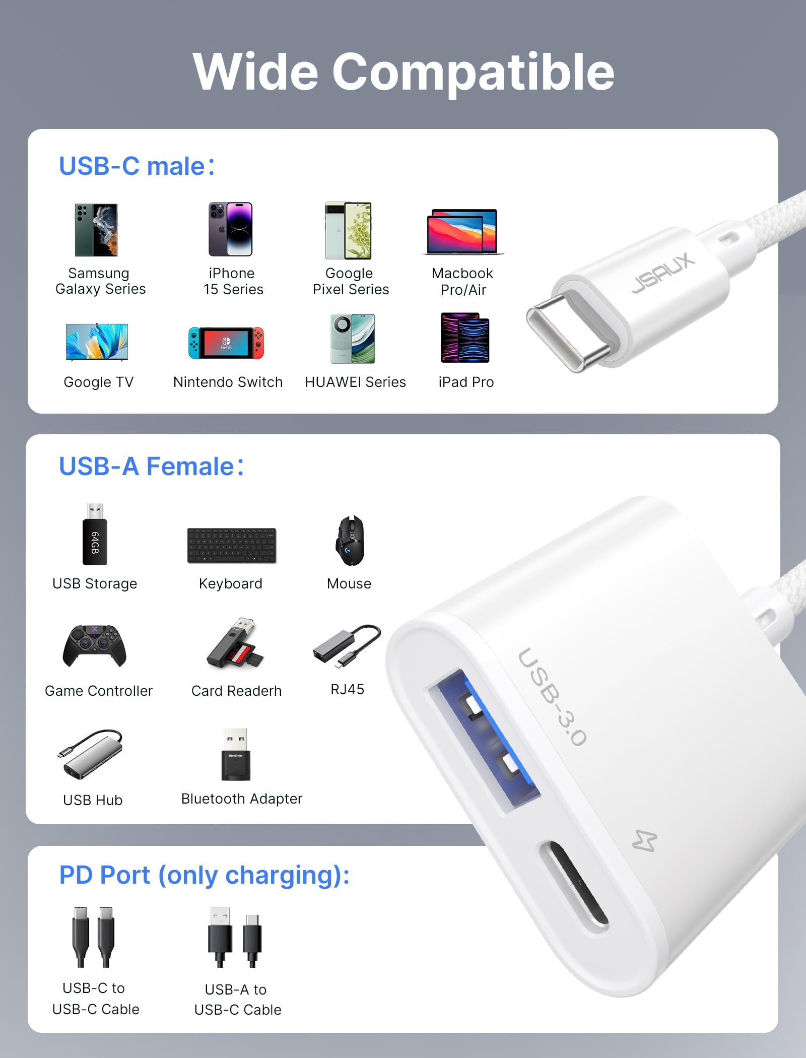 JSAUX USB C to USB OTG & Charger Adapter - 2-in-1 USB C OTG Splitter with 60W PD Fast Charging - Compatible with Chromecast Google TV, iPhone 15 Pro Max, MacBook Pro/Air, Galaxy S24/S23, Pixel 7 - Perfect for Travel, Office & Home Charging Solutions