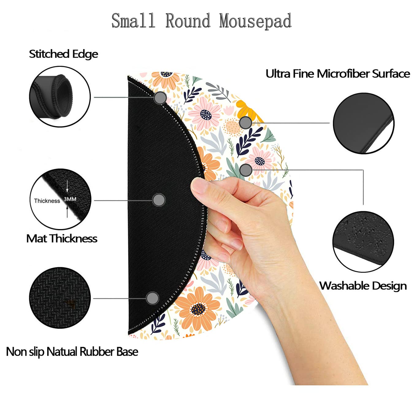 Premium Round Gaming Mouse Pad - Non-Slip Rubber Base with Stitched Edge (7.9x7.9 Inch) for PC, Laptop & Office - Cute Floral Design for Gamers & Professionals
