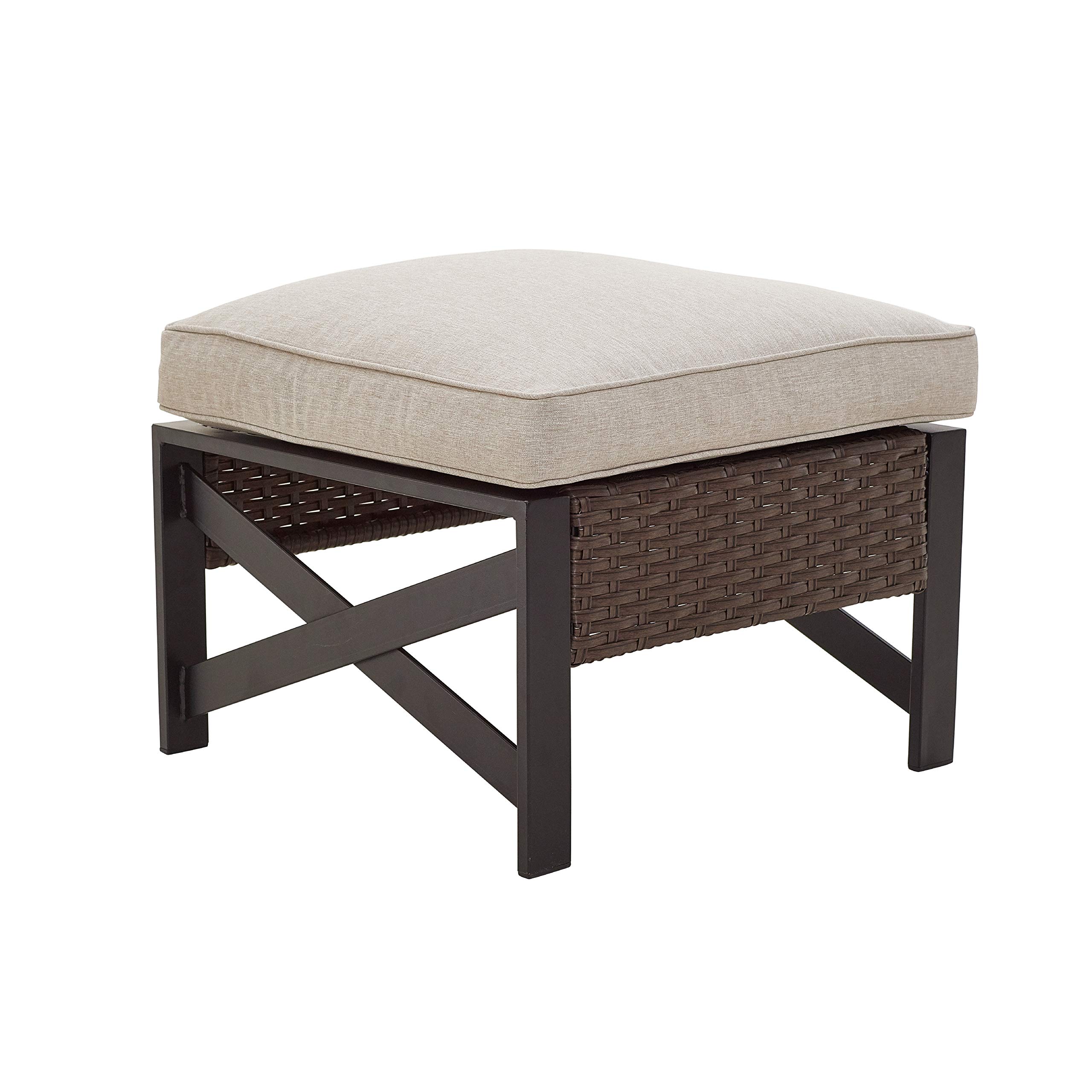 LOKATSE HOME Outdoor Metal Ottoman Patio Rattan Wicker Footstool with Cushion - Brown - Waterproof & Durable Garden Furniture for Poolside, Deck, or Backyard Relaxation