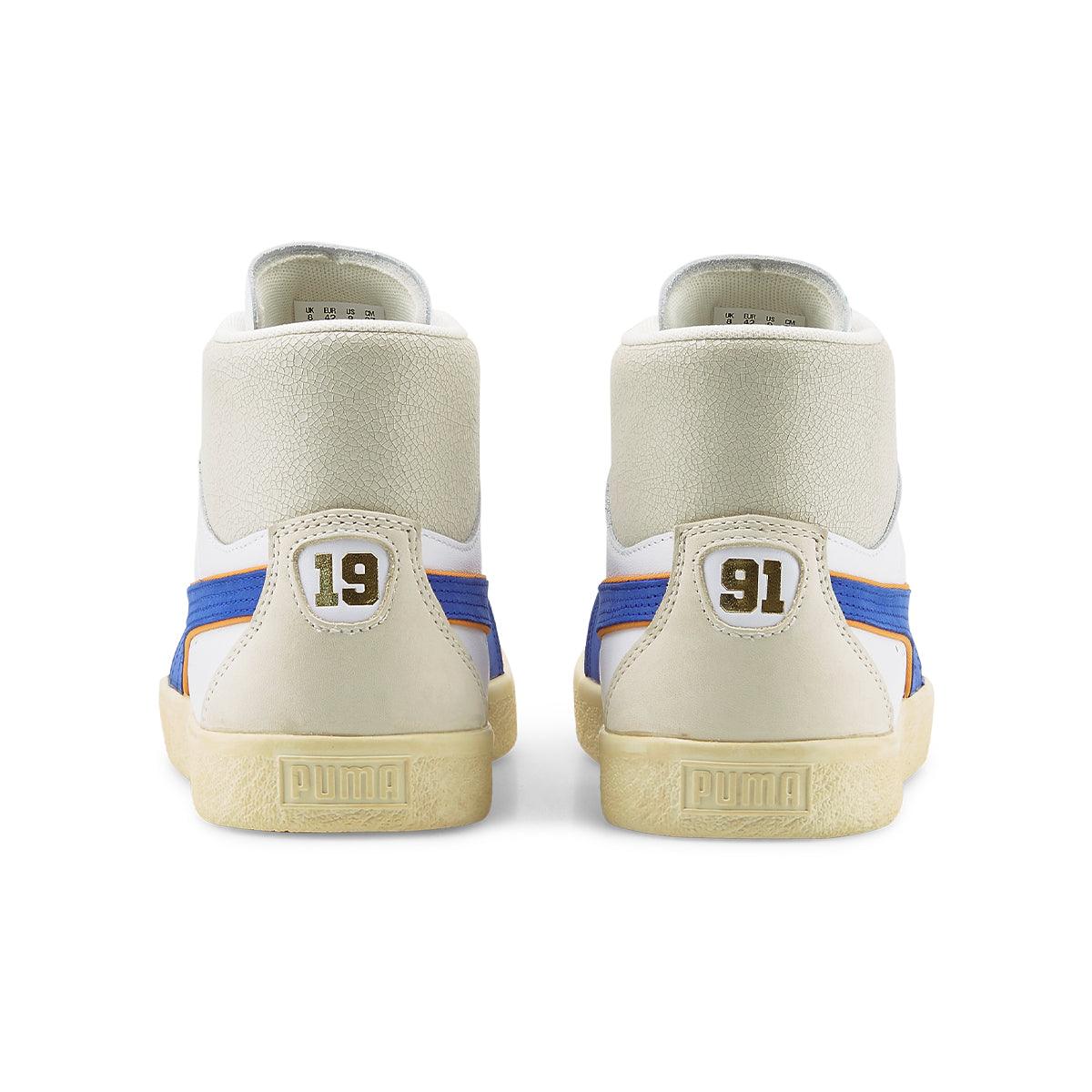 Rhuigi Clyde Mid Basketball Sneakers in White & Royal - Stylish High-Top Shoes for Men, Streetwear & Casual Wear