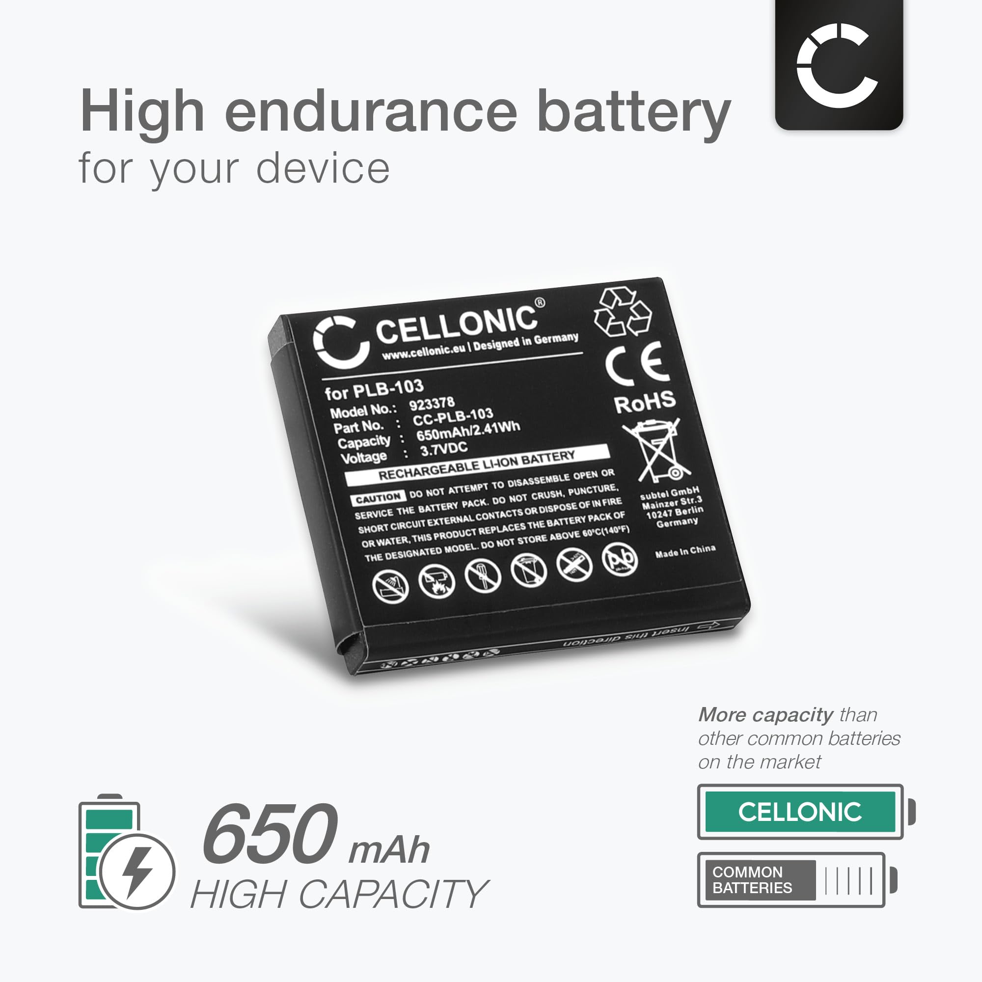 CELLONIC Replacement Battery for Bang & Olufsen Beoplay H9i & H9 Headphones - 3.7V 650mAh Li-ion Battery Compatible with PLB-103 - Perfect for Wireless Headset Power & Long Listening Sessions