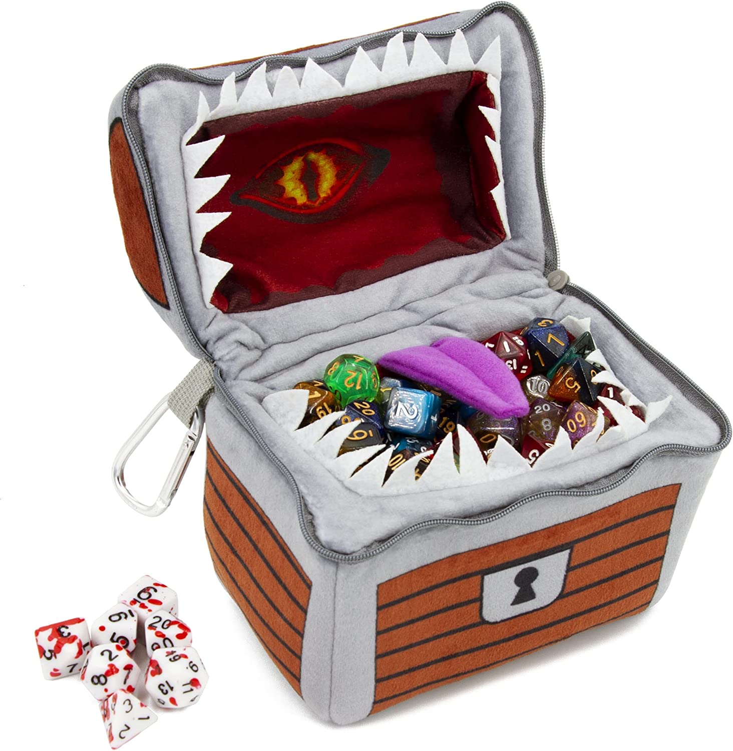 CASEMATIX Mimic Dice Chest & Dice Jail - 6.5 Inch Plush RPG Dice Storage Bag with Zipper & Carabiner - Holds 150 Dice (7 RPG Dice Included) - Perfect for D&D, Pathfinder & Tabletop Gaming Adventures