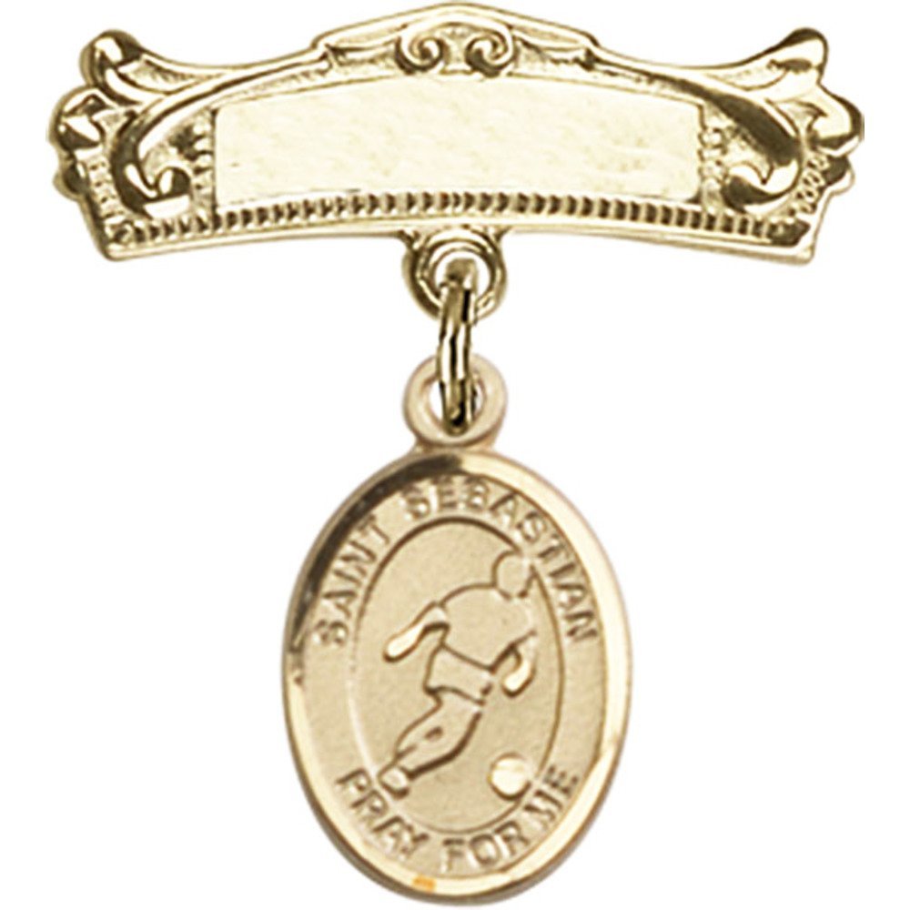 7/8 X 3/4 Inch Gold Filled Baby Badge with St. Sebastian Soccer Charm - Arched Polished Pin for Baby Shower Gifts, Christening Keepsakes & First Communion Jewelry