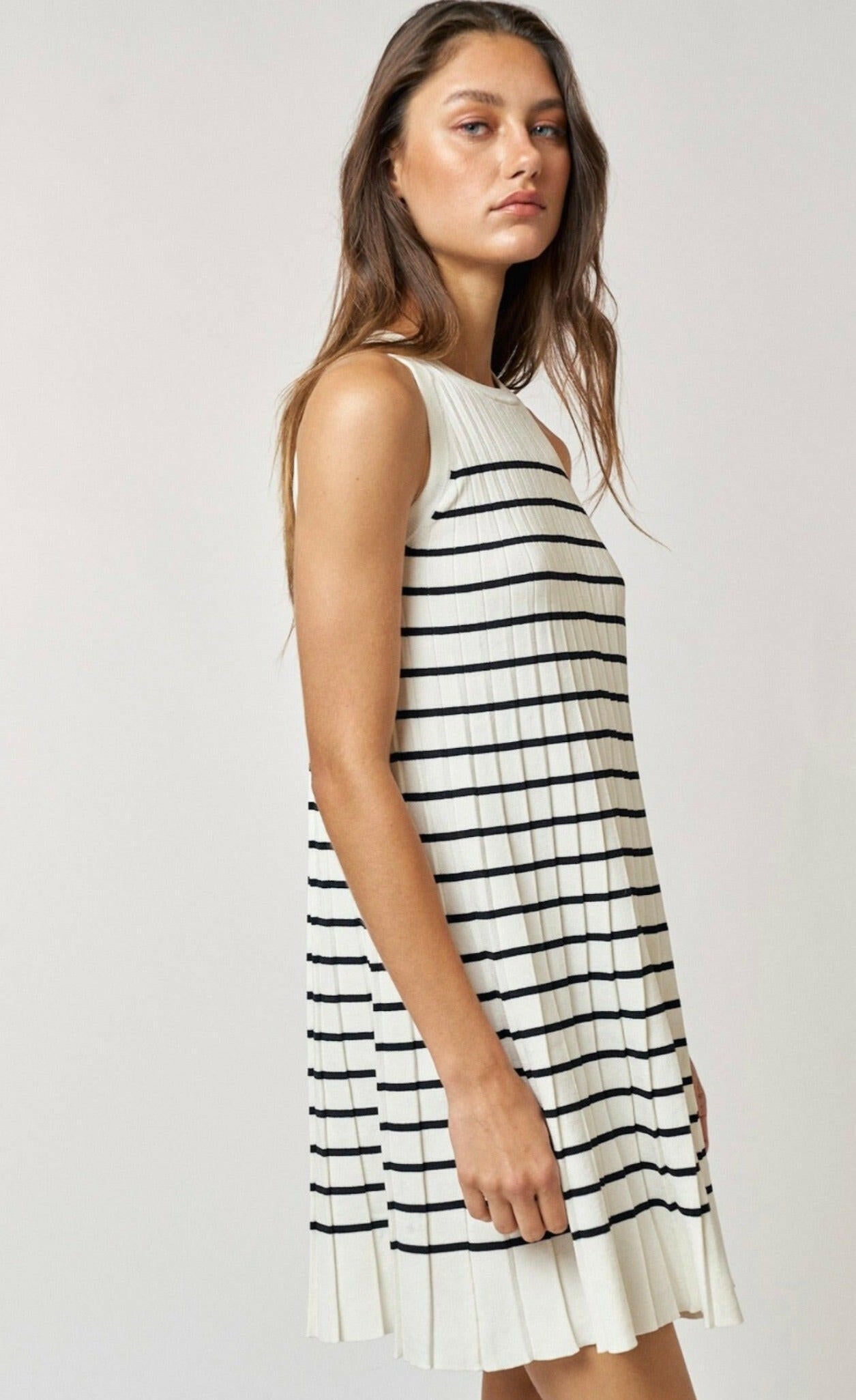 White Striped Pleated Sleeveless Sweater Mini Dress for Women | Casual Summer Outfits & Beach Cover Up
