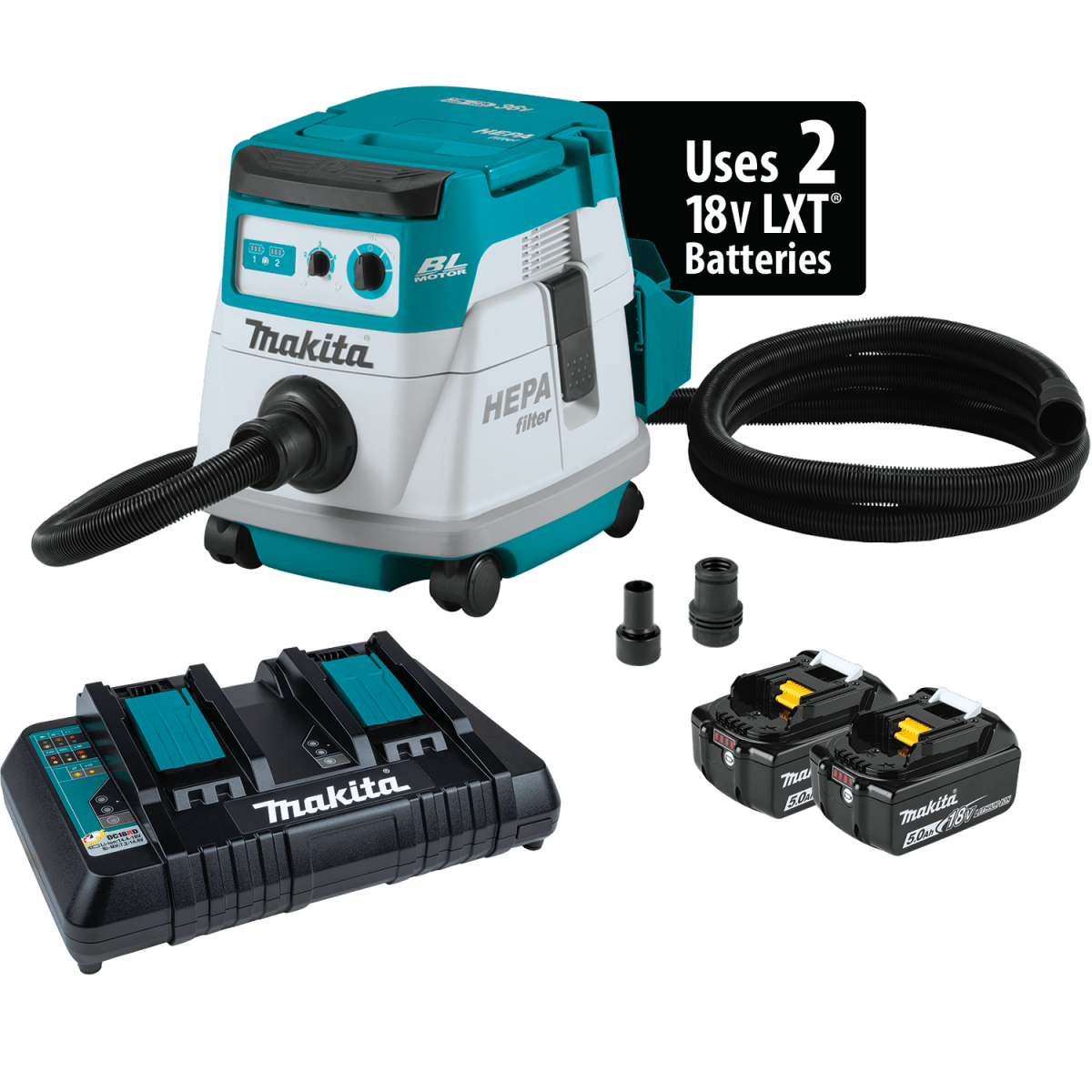 36V (18V X2) LXT Brushless Cordless 2.1 Gallon HEPA Filter Dry Dust Extractor Vacuum Kit with 5.0Ah Battery - Perfect for Woodworking, Construction, and DIY Home Renovation Projects